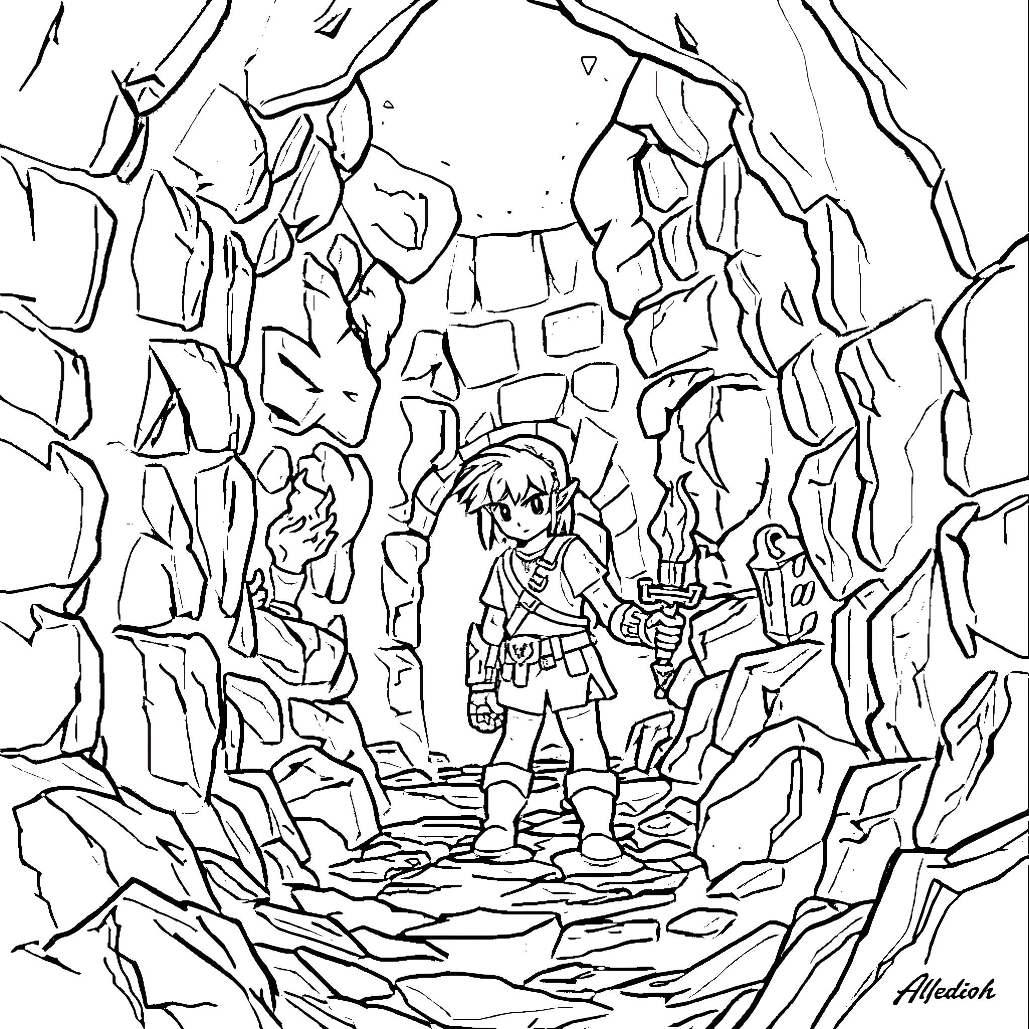 Link Exploring a Mysterious Cave Coloring Page (free black-and-white line drawing printable PDF for all, from beginners to advanced learners, including children, teens, adults, and seniors)