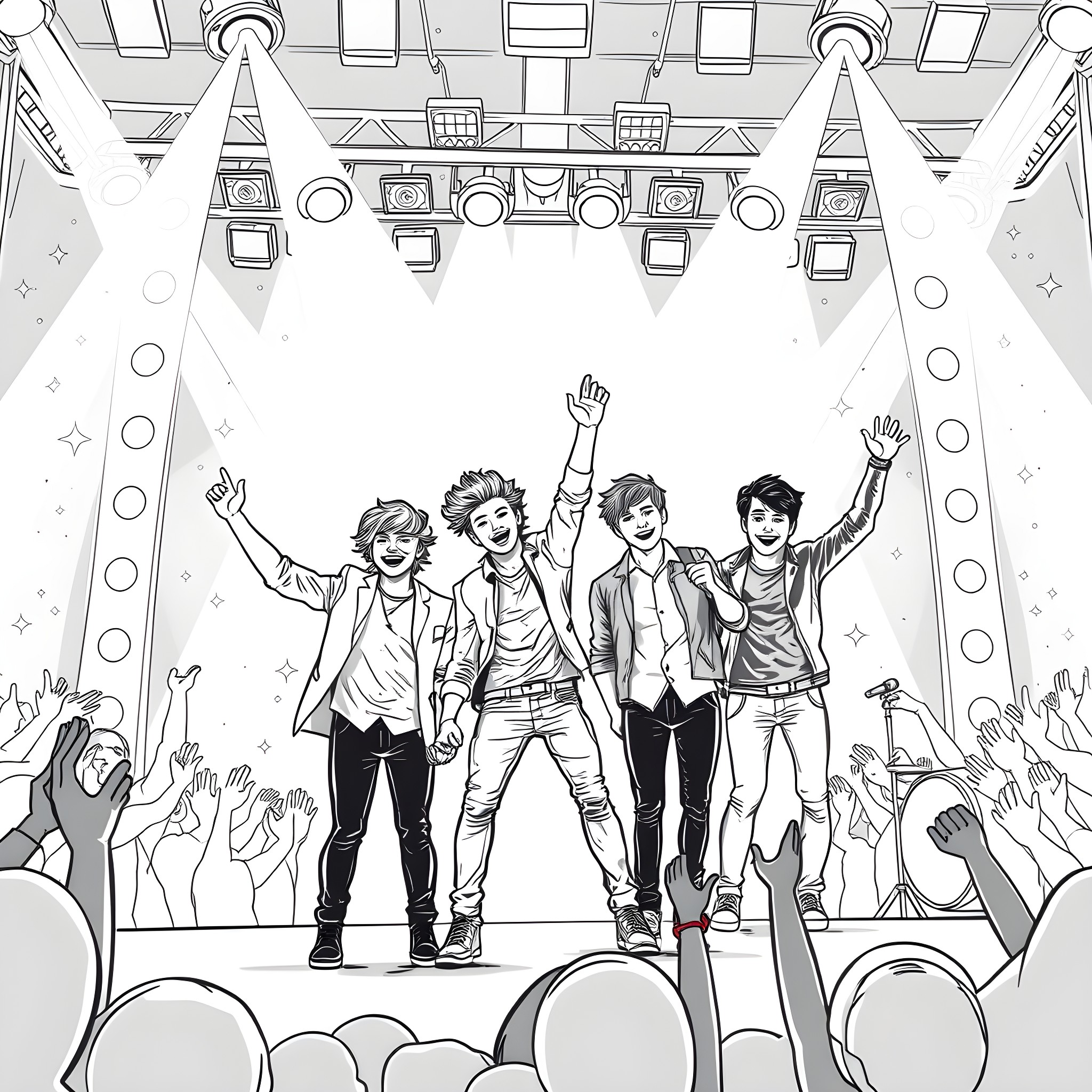 One Direction Performing on Stage with Excited Fans Coloring Page (free black-and-white line drawing printable PDF for all, from beginners to advanced learners, including children, teens, adults, and seniors)