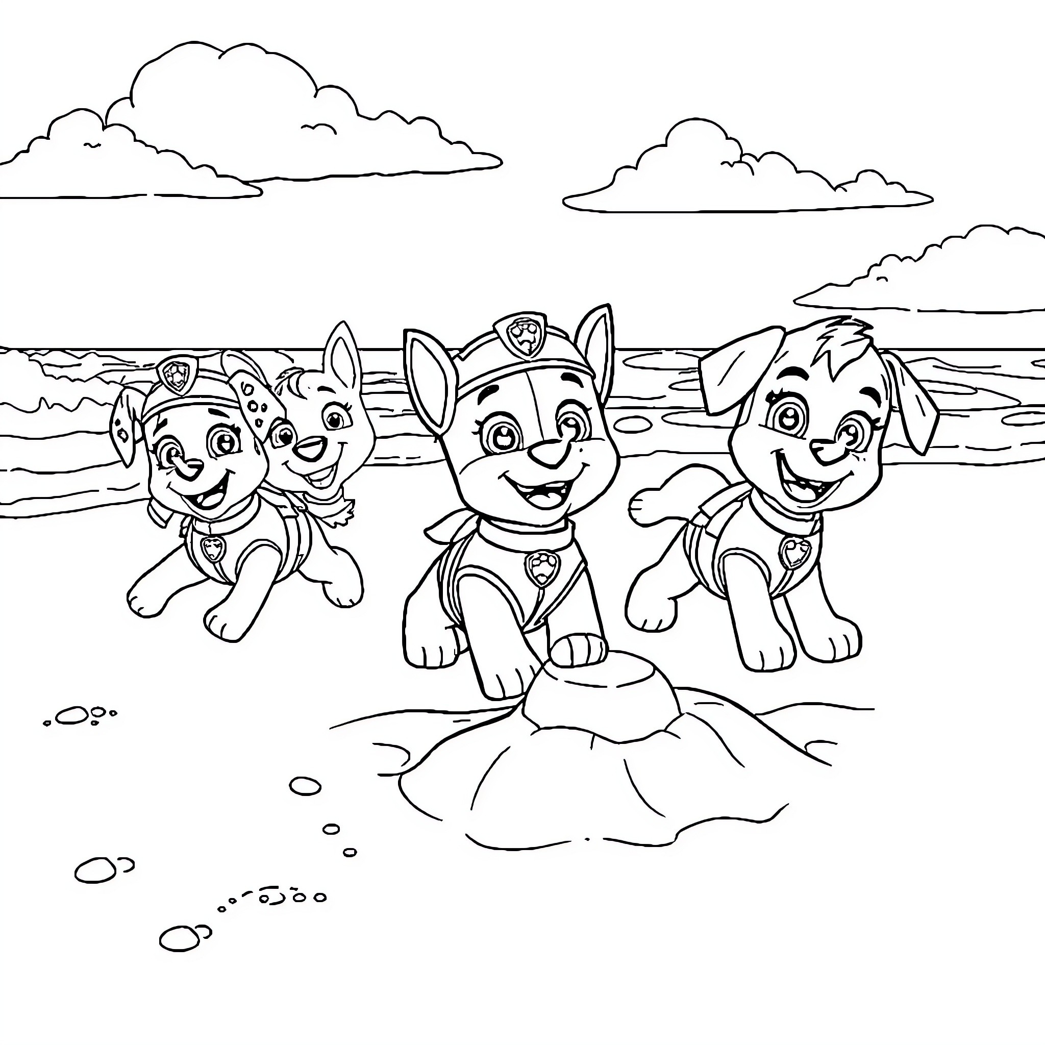Paw Patrol pups playing happily on the beach Coloring Page (free black-and-white line drawing printable PDF for all, from beginners to advanced learners, including children, teens, adults, and seniors)