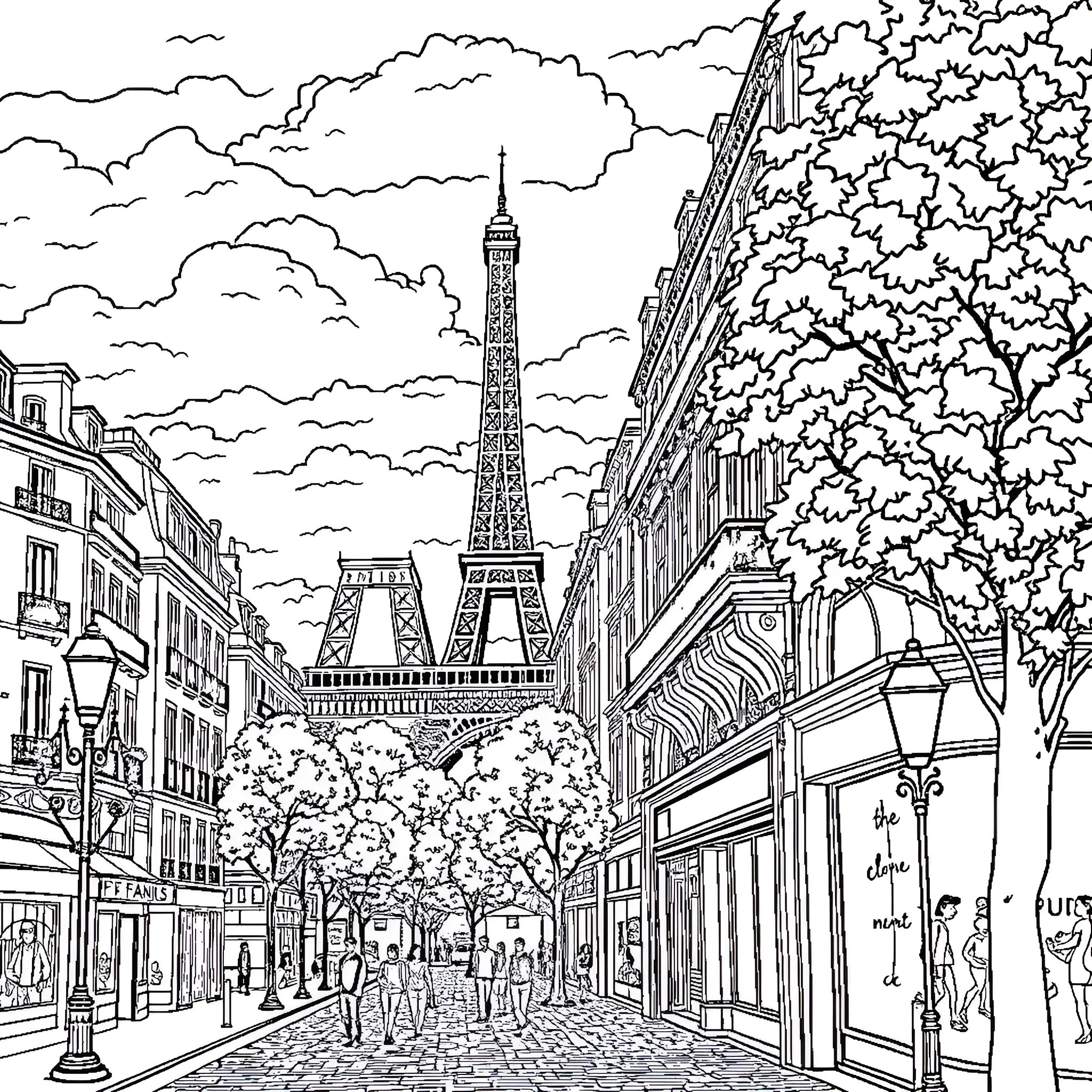 Paris cityscape with Eiffel Tower and pedestrians Coloring Page (free black-and-white line drawing printable PDF for all, from beginners to advanced learners, including children, teens, adults, and seniors)