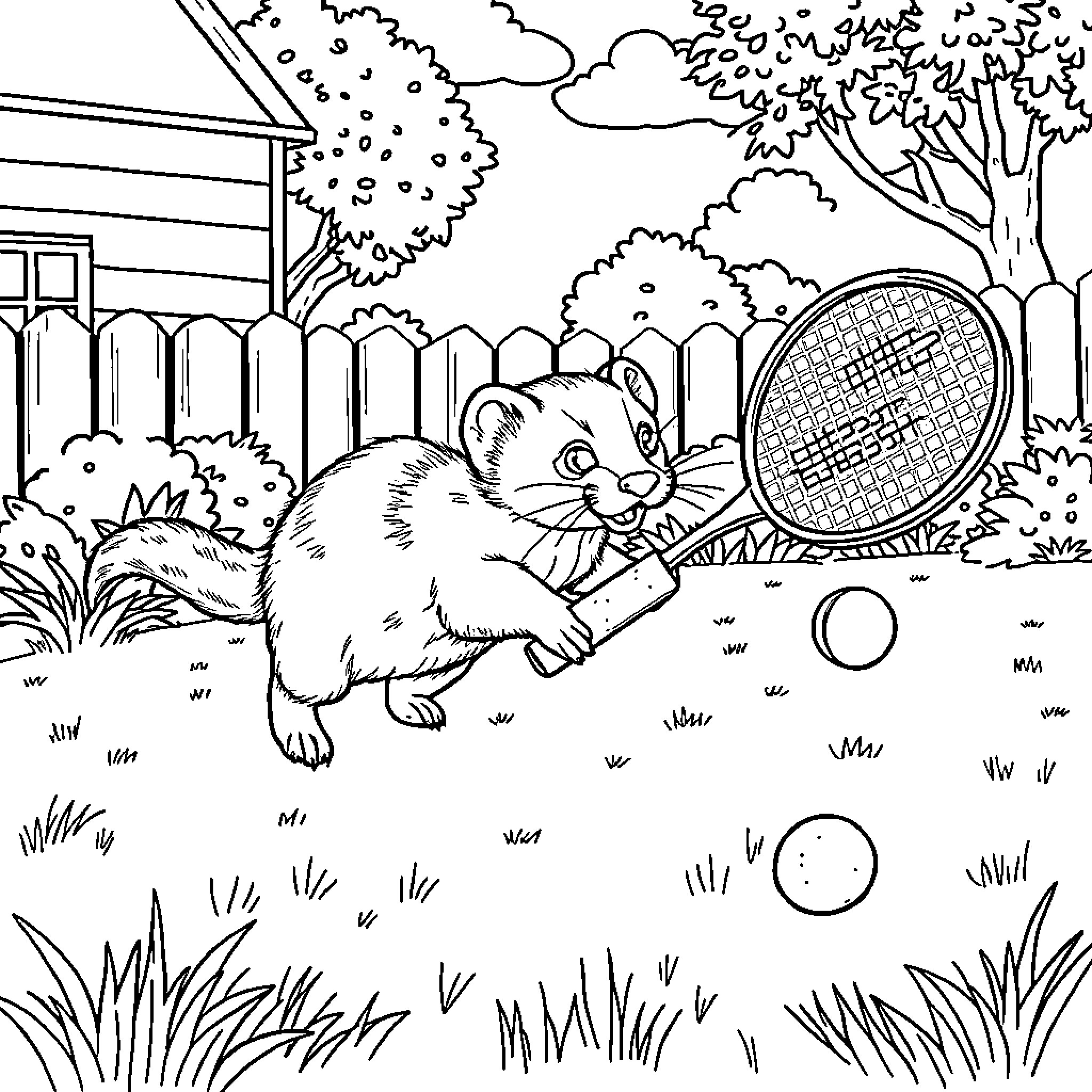 Ferret playing tennis in the backyard Coloring Page (free black-and-white line drawing printable PDF for all, from beginners to advanced learners, including children, teens, adults, and seniors)