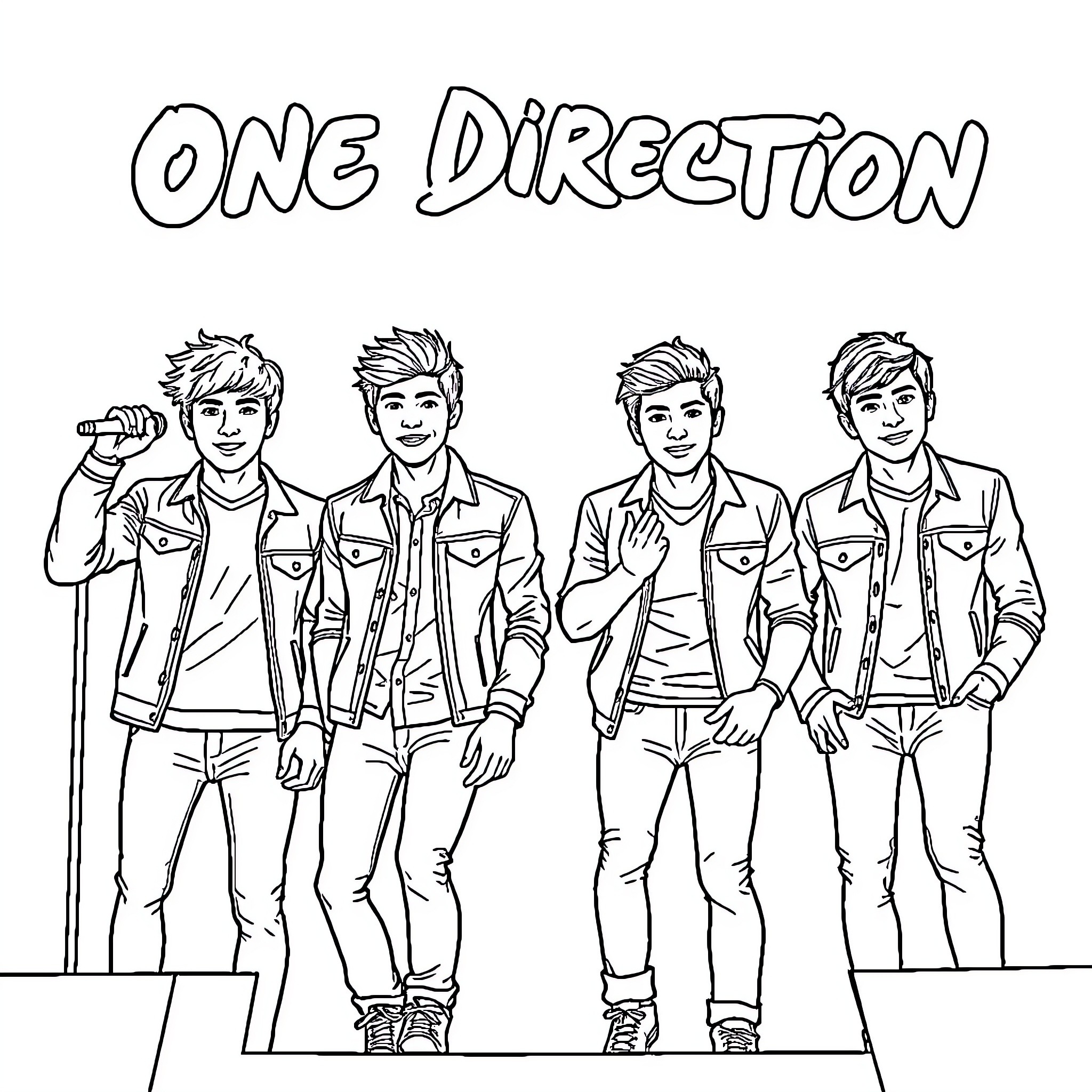 One Direction Members Posing in Casual Outfits Coloring Page (free black-and-white line drawing printable PDF for all, from beginners to advanced learners, including children, teens, adults, and seniors)