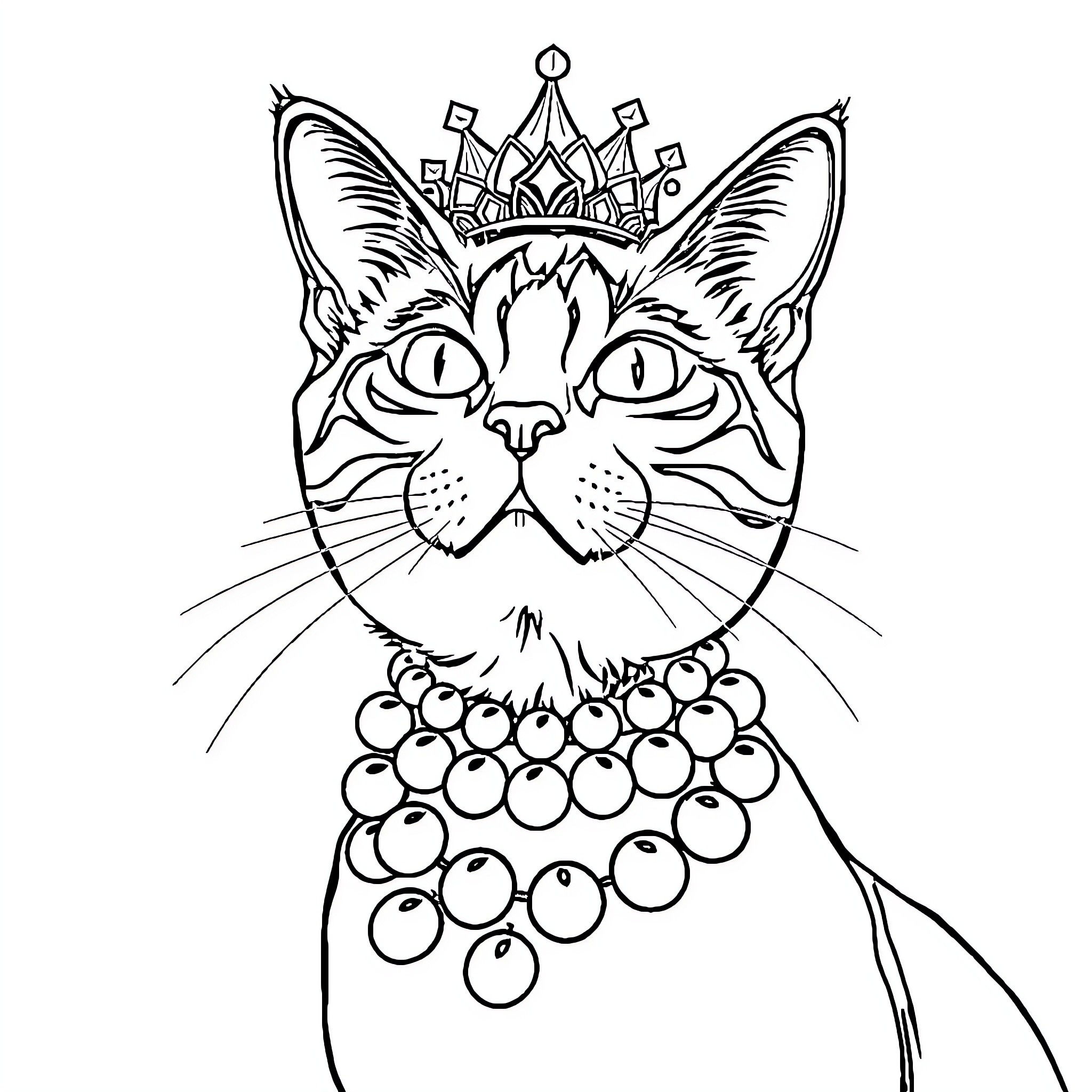 Cat with ornate crown and beaded necklace Coloring Page (free black-and-white line drawing printable PDF for all, from beginners to advanced learners, including children, teens, adults, and seniors)
