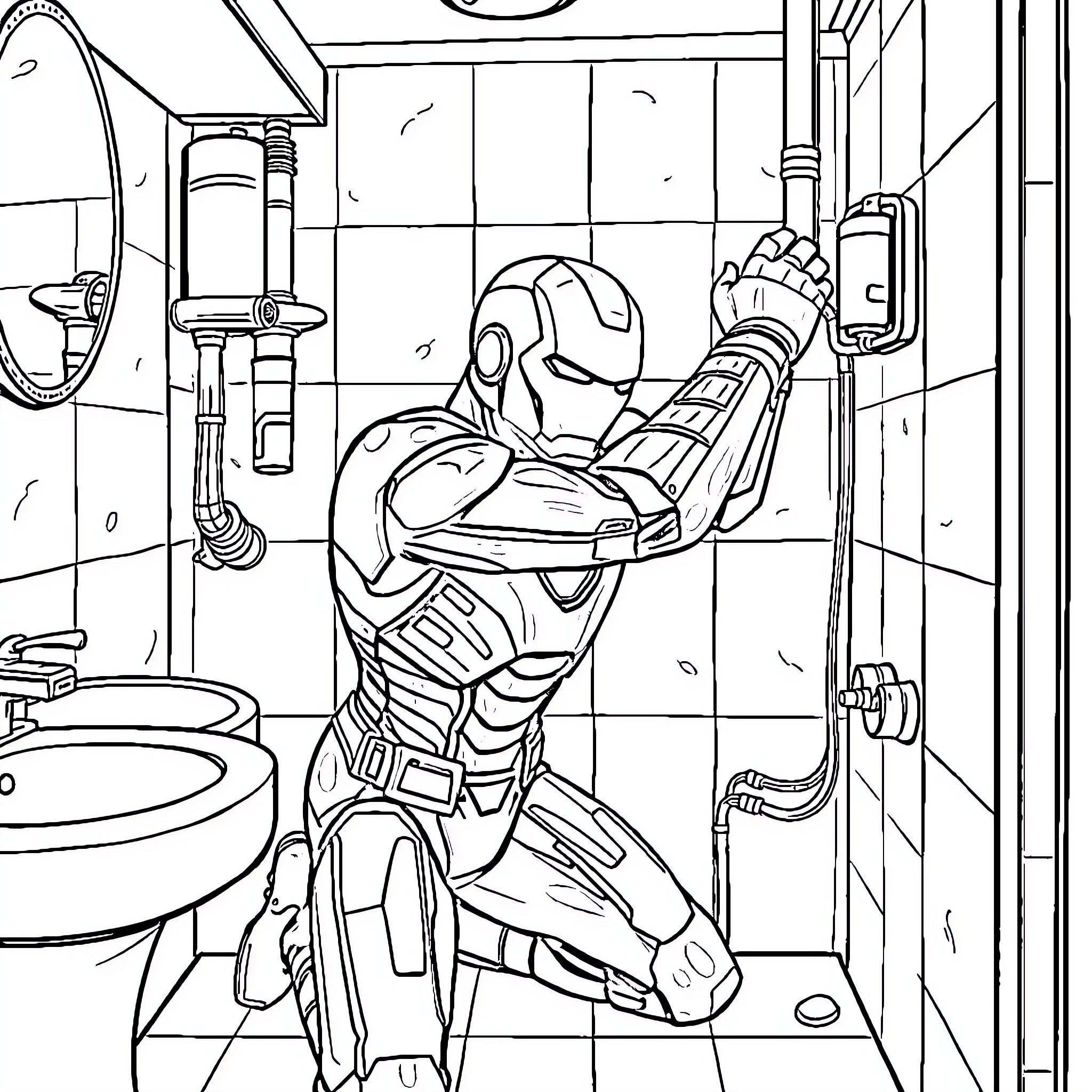 Ironman hero in action-packed scene Coloring Page (free black-and-white line drawing printable PDF for all, from beginners to advanced learners, including children, teens, adults, and seniors)