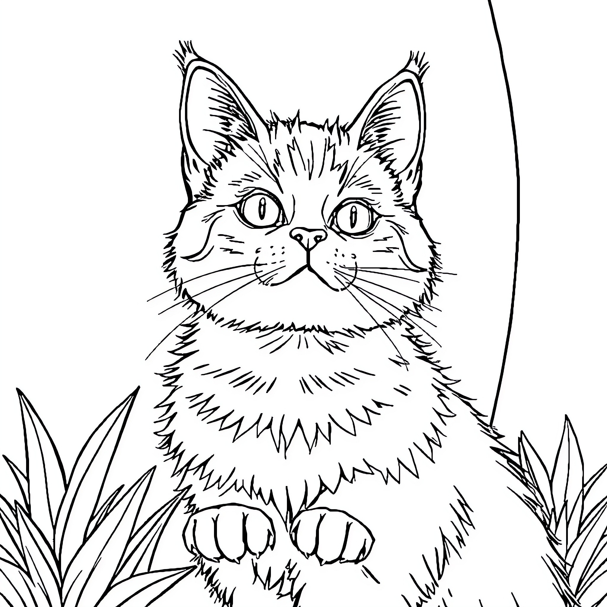 Cat sitting in tall grass Coloring Page (free black-and-white line drawing printable PDF for all, from beginners to advanced learners, including children, teens, adults, and seniors)