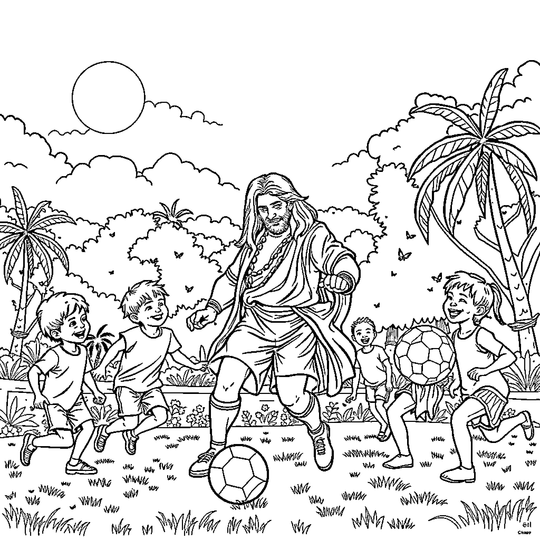 Leonardo Da Vinci's Depiction of Jesus Playing Football with Children Coloring Page (free black-and-white line drawing printable PDF for all, from beginners to advanced learners, including children, teens, adults, and seniors)