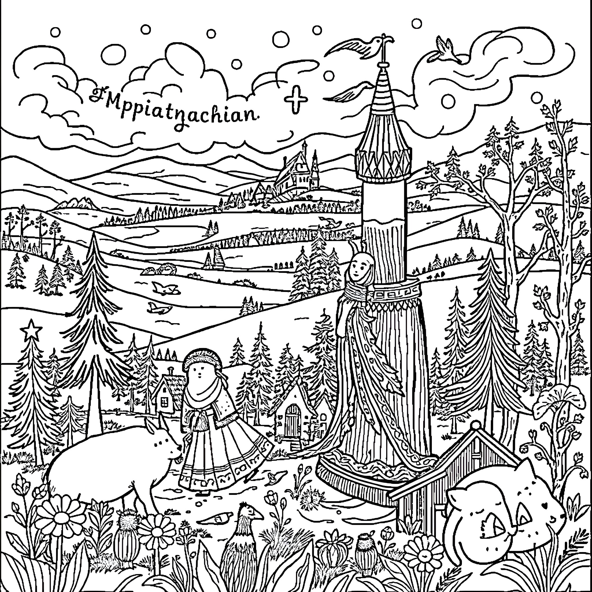 Folklore Celebration in a Whimsical Winter Wonderland Coloring Page (free black-and-white line drawing printable PDF for all, from beginners to advanced learners, including children, teens, adults, and seniors)