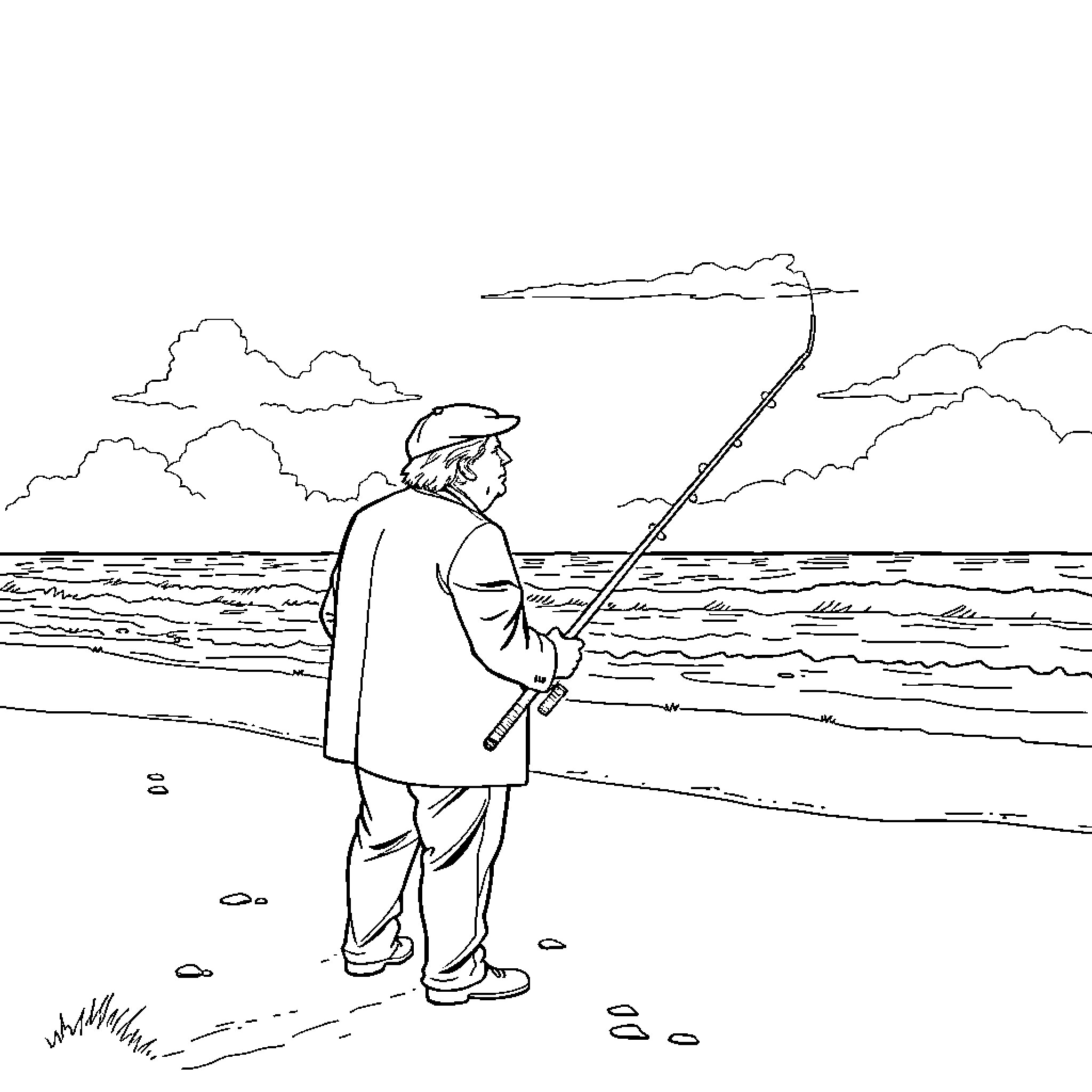 Trump fishing alone on the beach Coloring Page (free black-and-white line drawing printable PDF for all, from beginners to advanced learners, including children, teens, adults, and seniors)