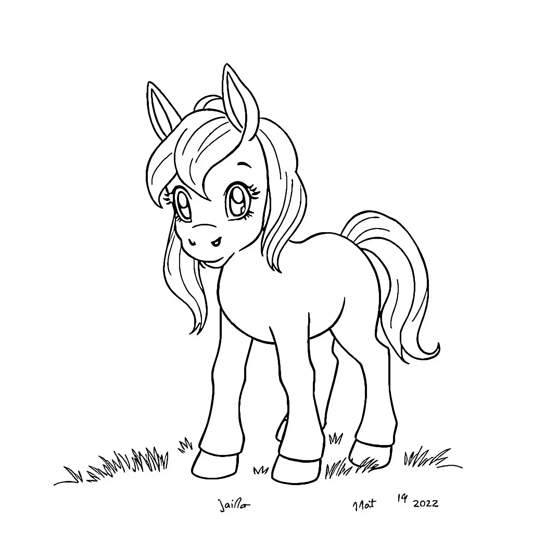Pony with Friendly Expression Posing on Grass Coloring Page (free black-and-white line drawing printable PDF for all, from beginners to advanced learners, including children, teens, adults, and seniors)