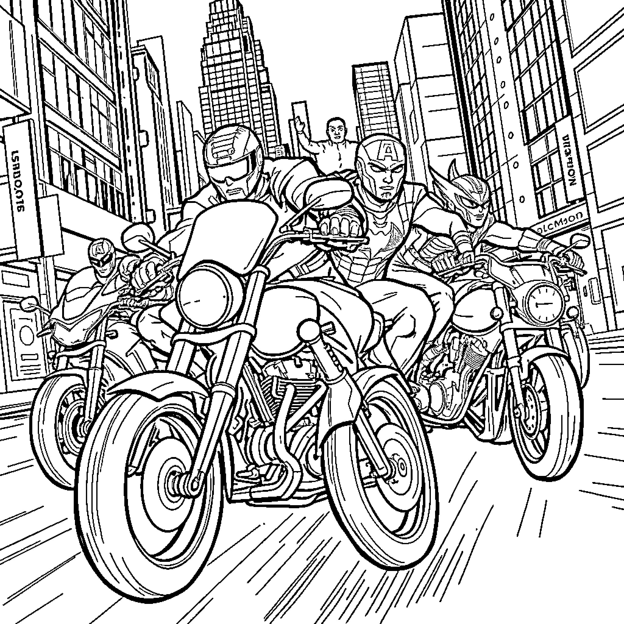 Superhero Motorcycle Chase Through City Streets Coloring Page (free black-and-white line drawing printable PDF for all, from beginners to advanced learners, including children, teens, adults, and seniors)