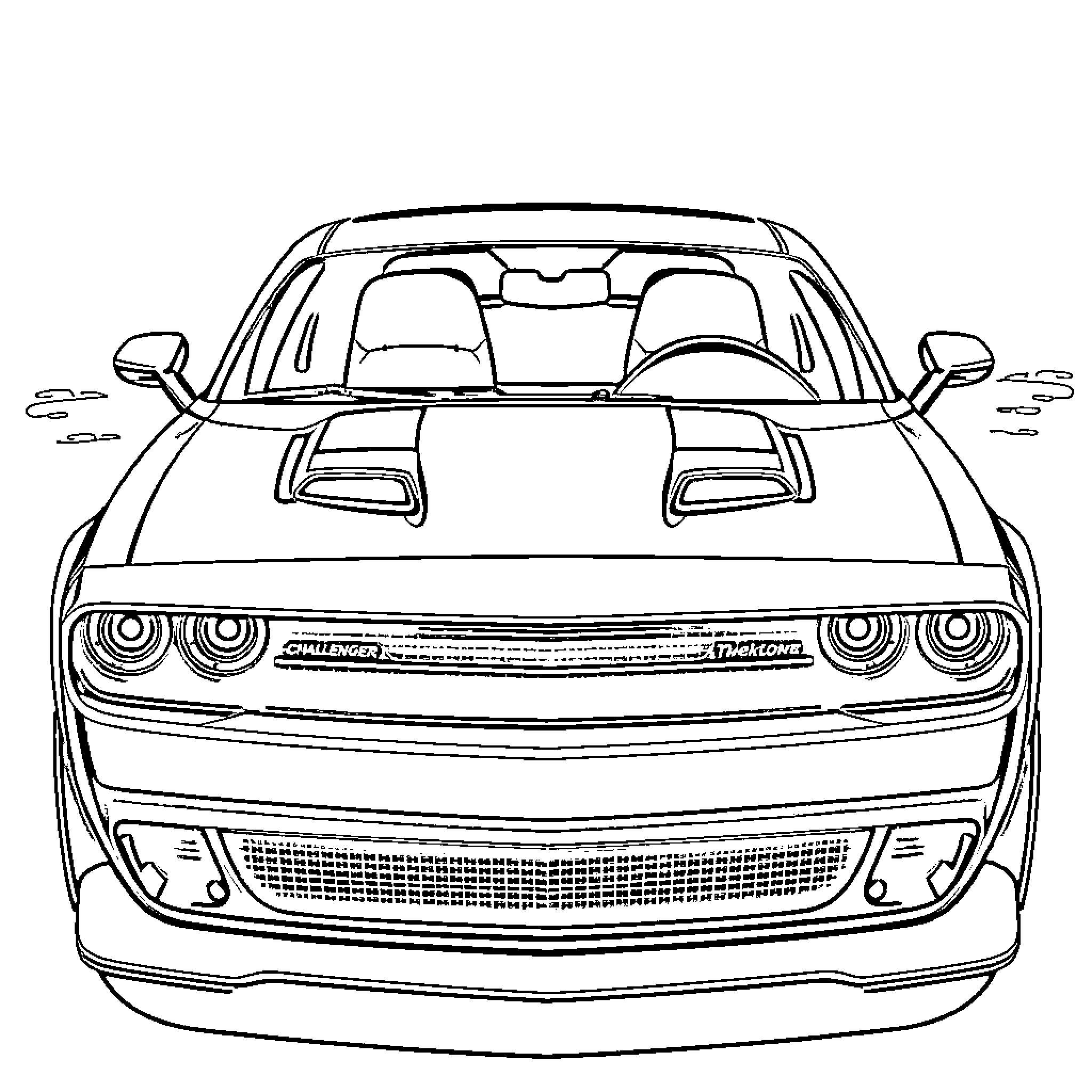 Dodge Challenger facing forward with dynamic design Coloring Page (free black-and-white line drawing printable PDF for all, from beginners to advanced learners, including children, teens, adults, and seniors)