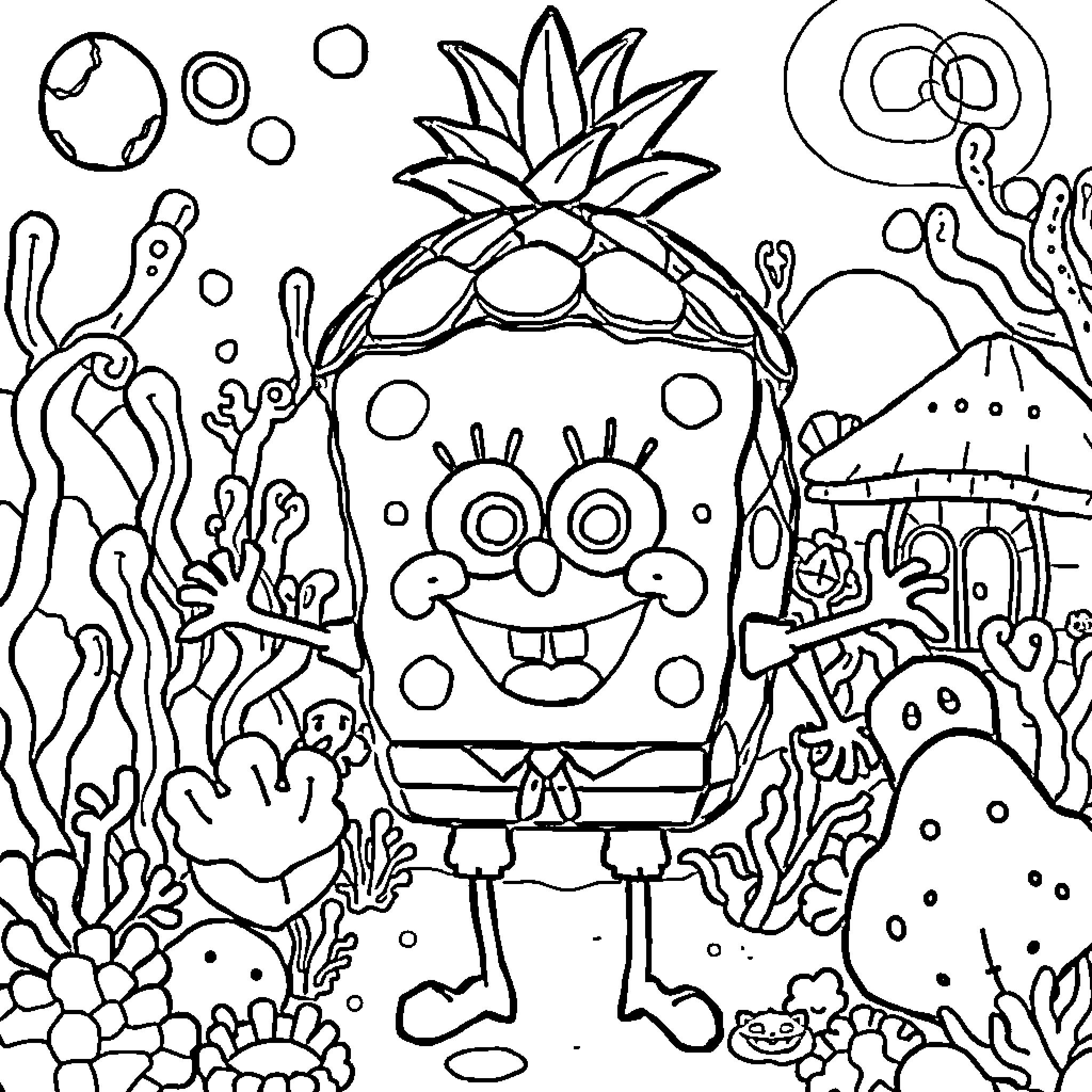 Spongebob smiling happily in his underwater home Coloring Page (free black-and-white line drawing printable PDF for all, from beginners to advanced learners, including children, teens, adults, and seniors)