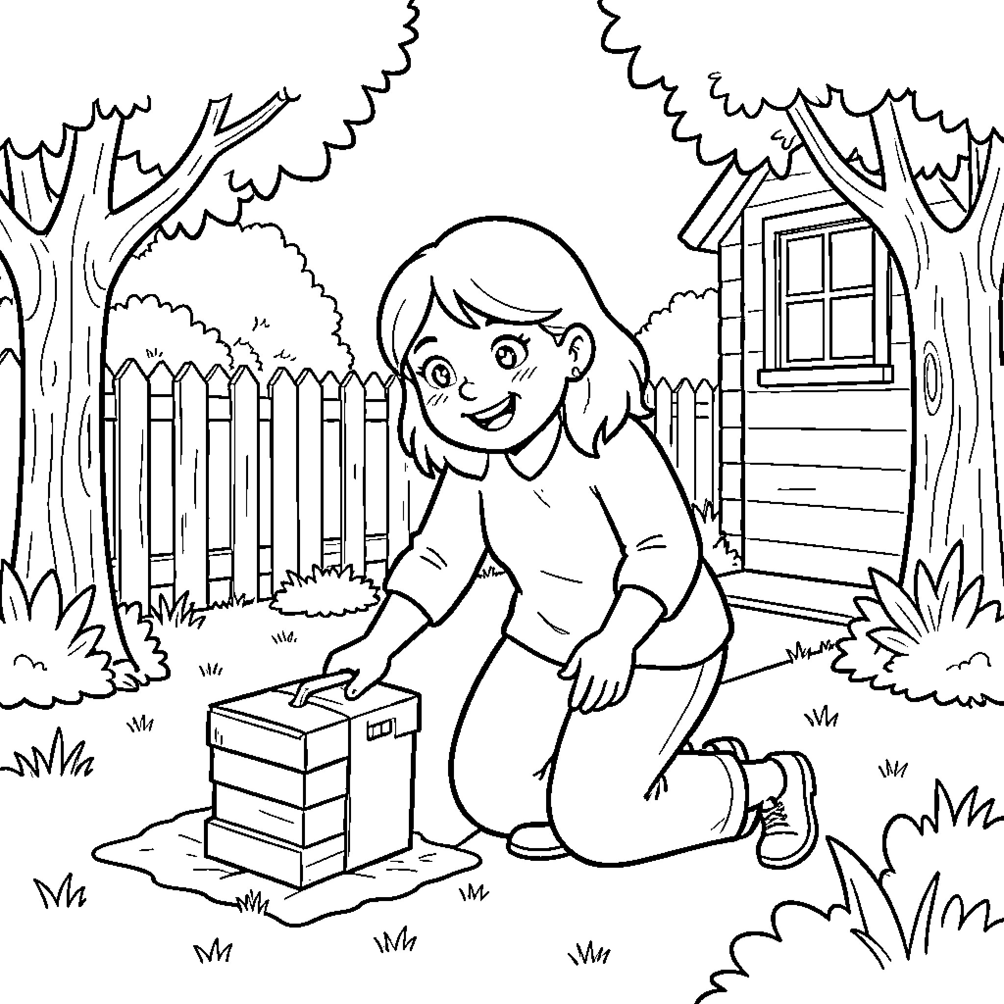 Neighbor girl playing outdoors near a wooden house Coloring Page (free black-and-white line drawing printable PDF for all, from beginners to advanced learners, including children, teens, adults, and seniors)
