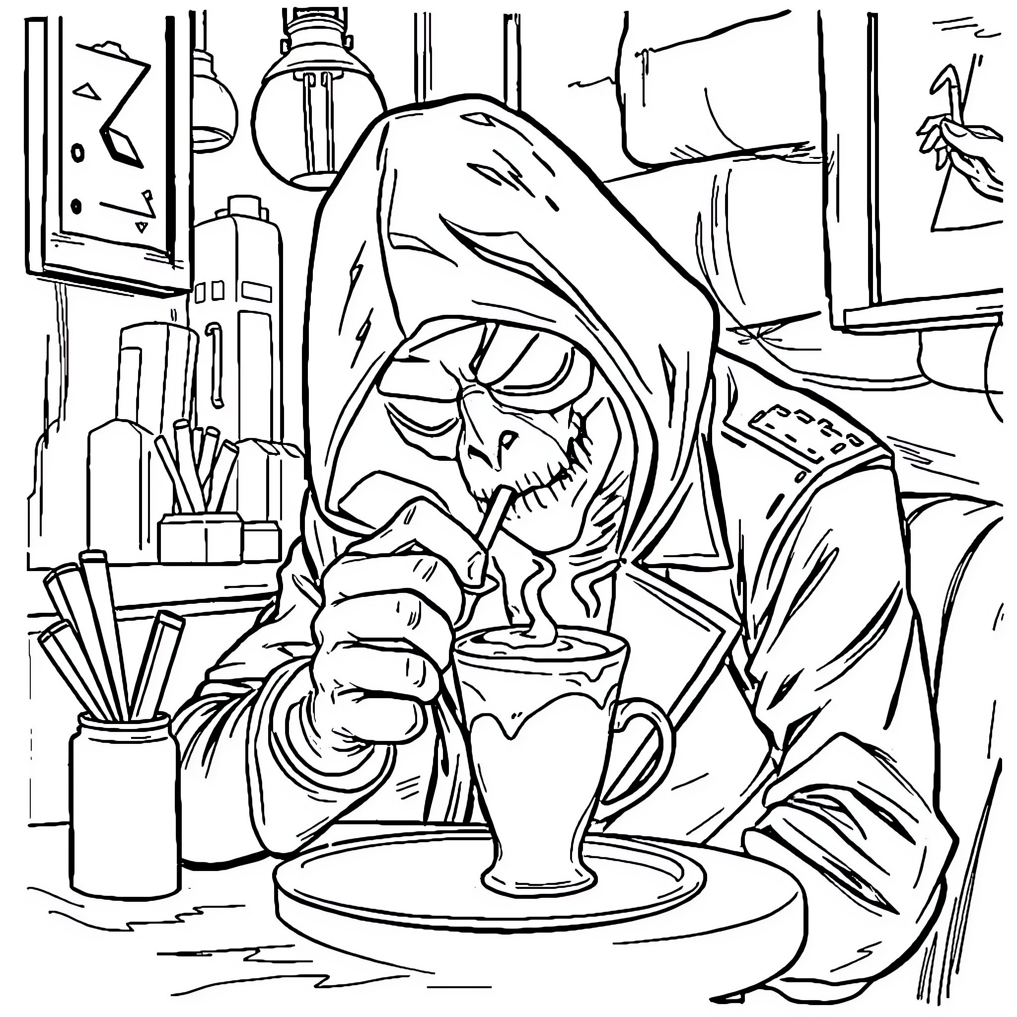 Capuchin Monk Enjoying a Warm Beverage in Study Coloring Page (free black-and-white line drawing printable PDF for all, from beginners to advanced learners, including children, teens, adults, and seniors)