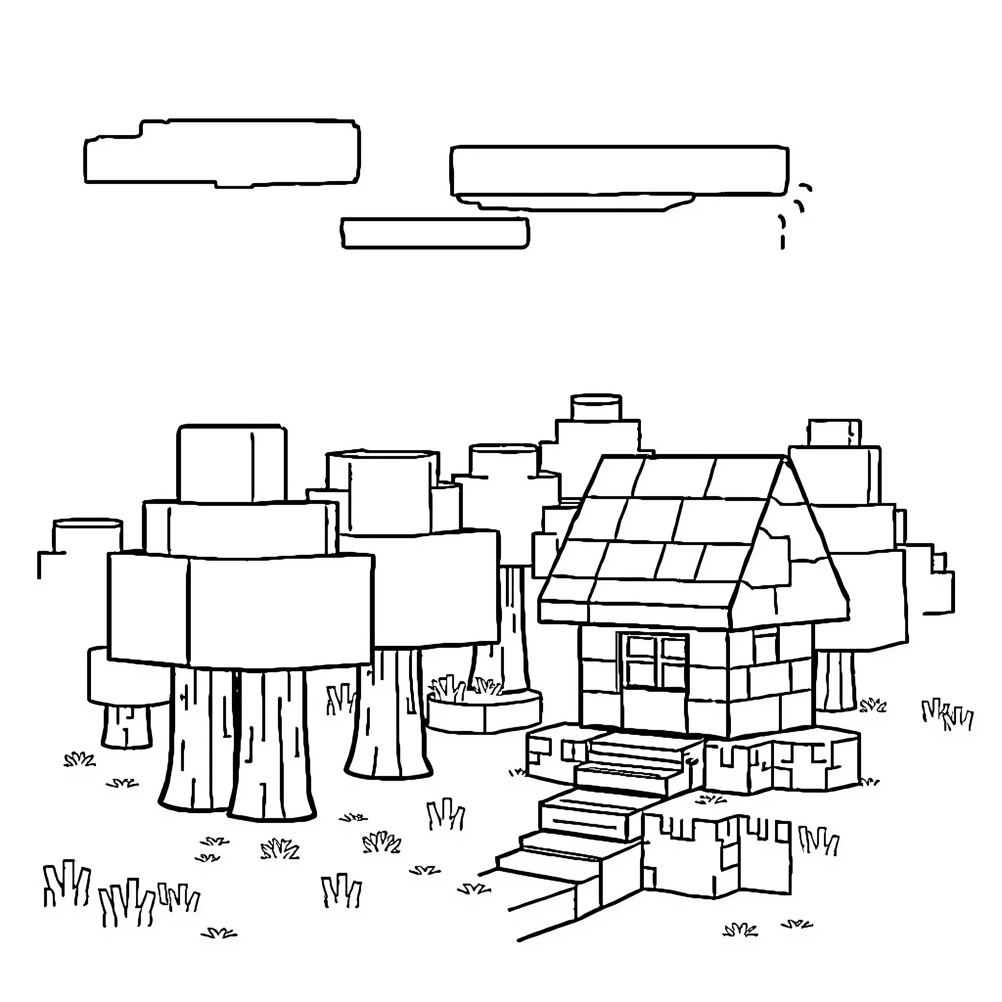 Minecraft village with houses and trees Coloring Page (free black-and-white line drawing printable PDF for all, from beginners to advanced learners, including children, teens, adults, and seniors)