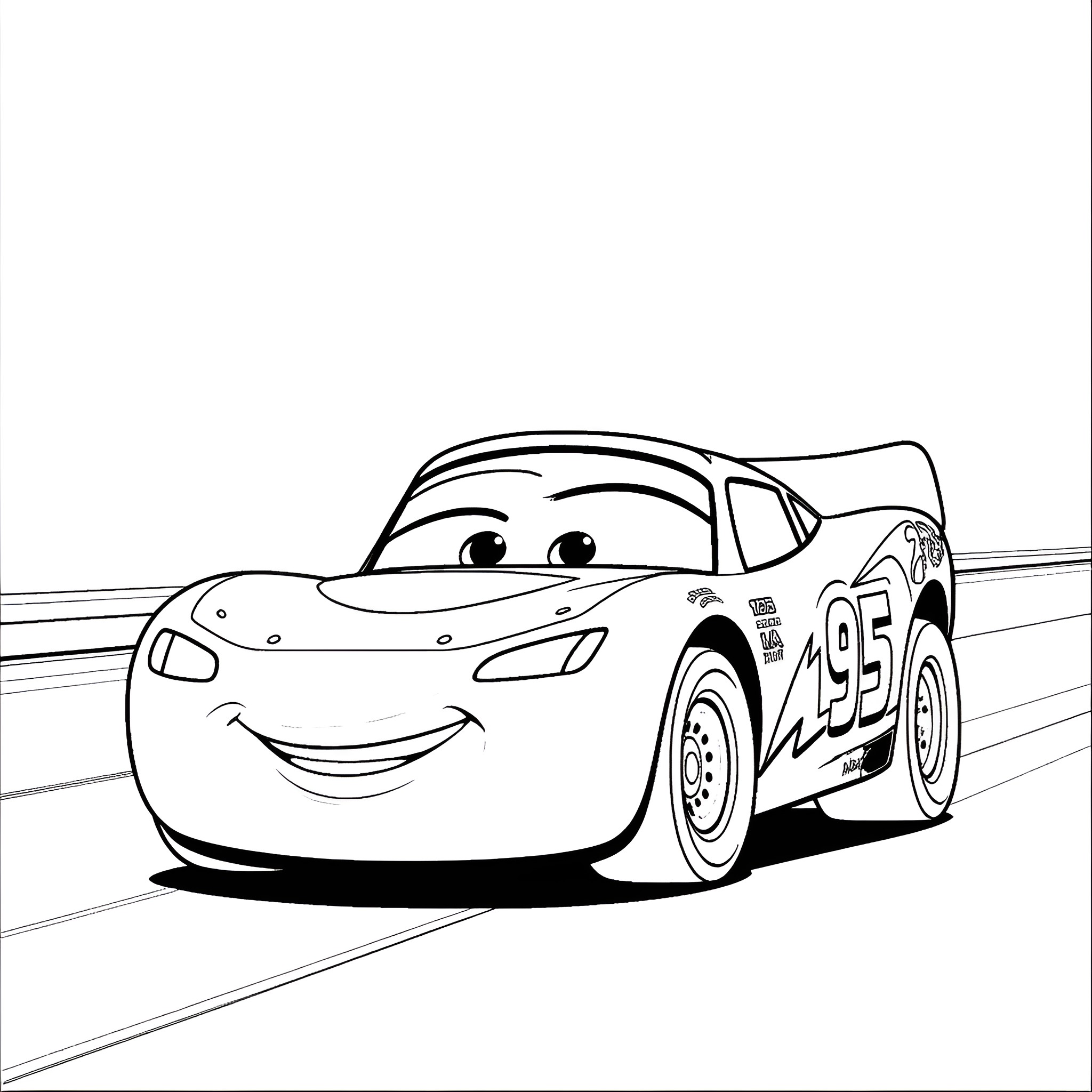 Lightning McQueen racing on the track Coloring Page (free black-and-white line drawing printable PDF for all, from beginners to advanced learners, including children, teens, adults, and seniors)