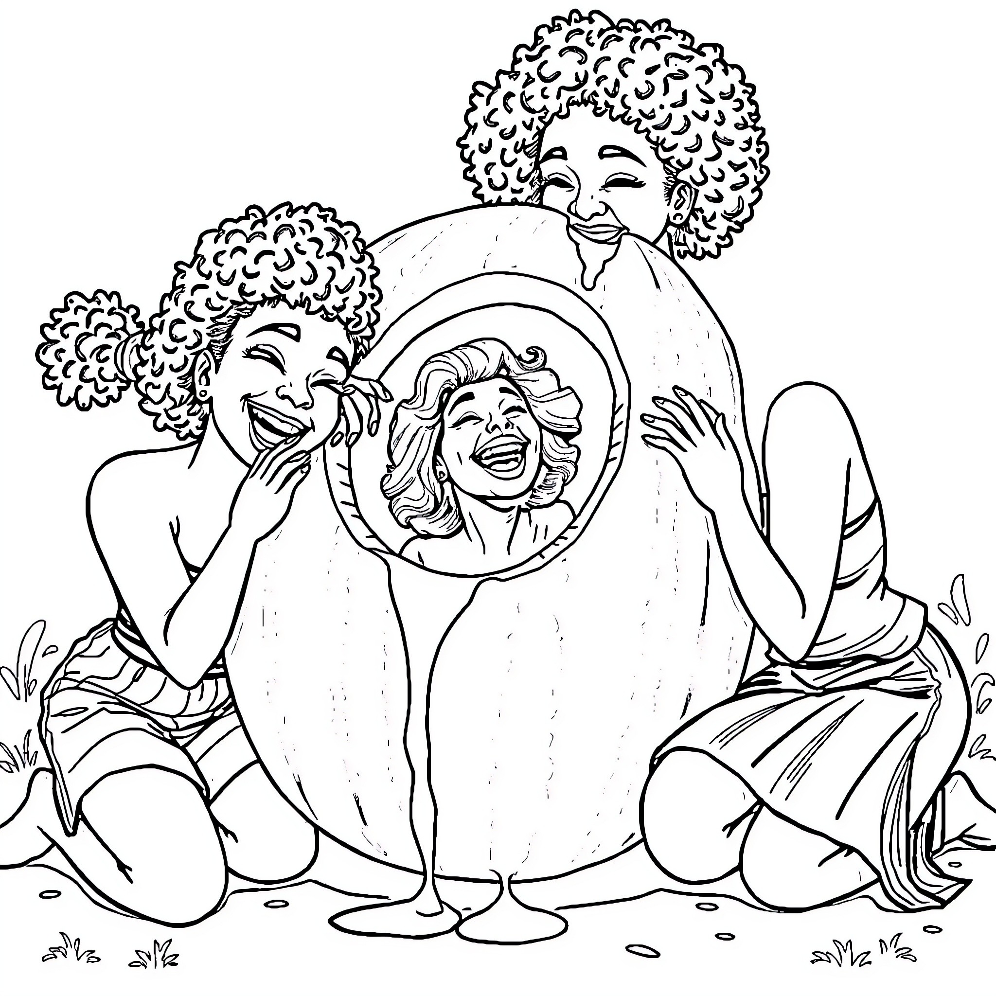 Woman Joyfully Embracing Children in Playful Moment Coloring Page (free black-and-white line drawing printable PDF for all, from beginners to advanced learners, including children, teens, adults, and seniors)