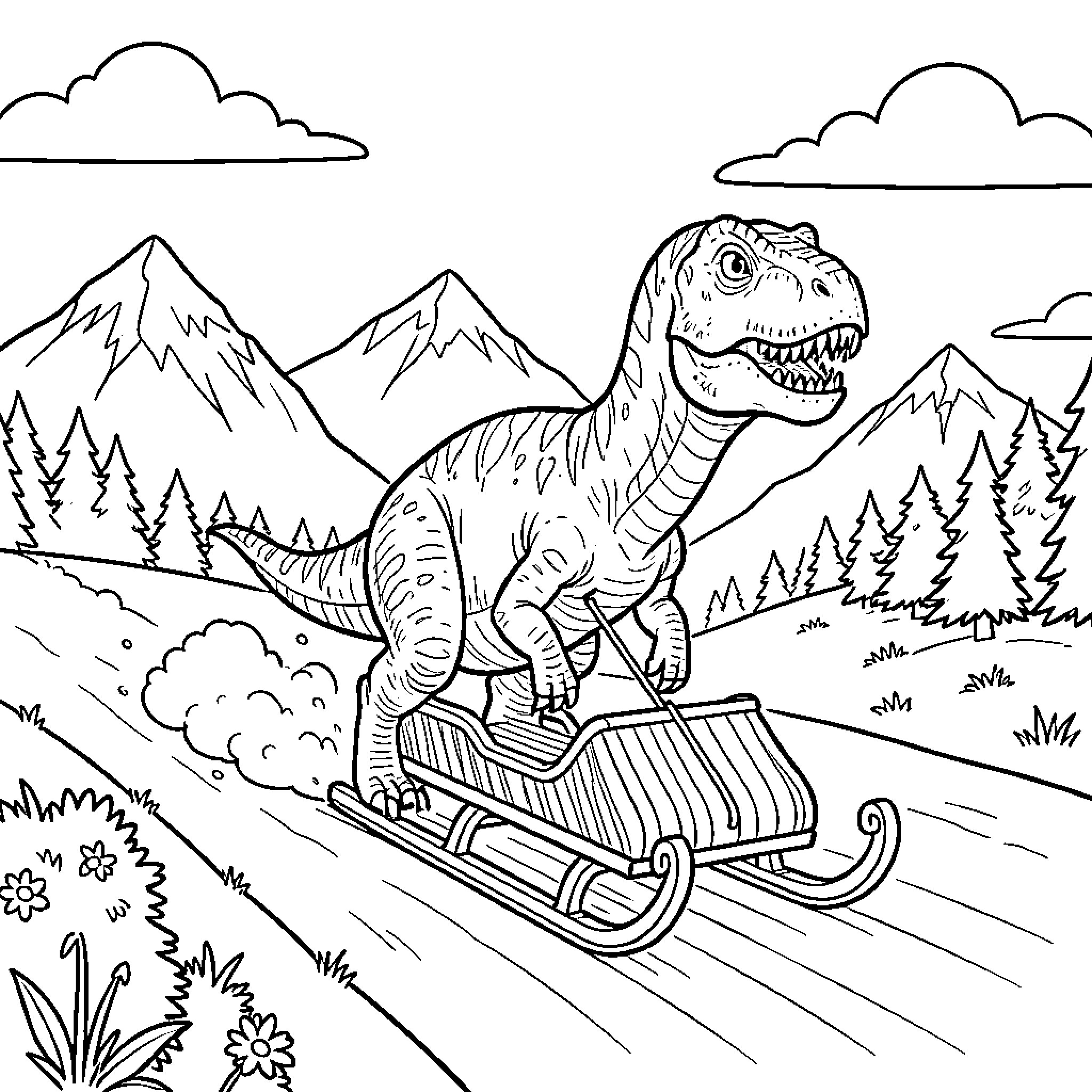 Dinosaur riding a sled down a snowy hill Coloring Page (free black-and-white line drawing printable PDF for all, from beginners to advanced learners, including children, teens, adults, and seniors)