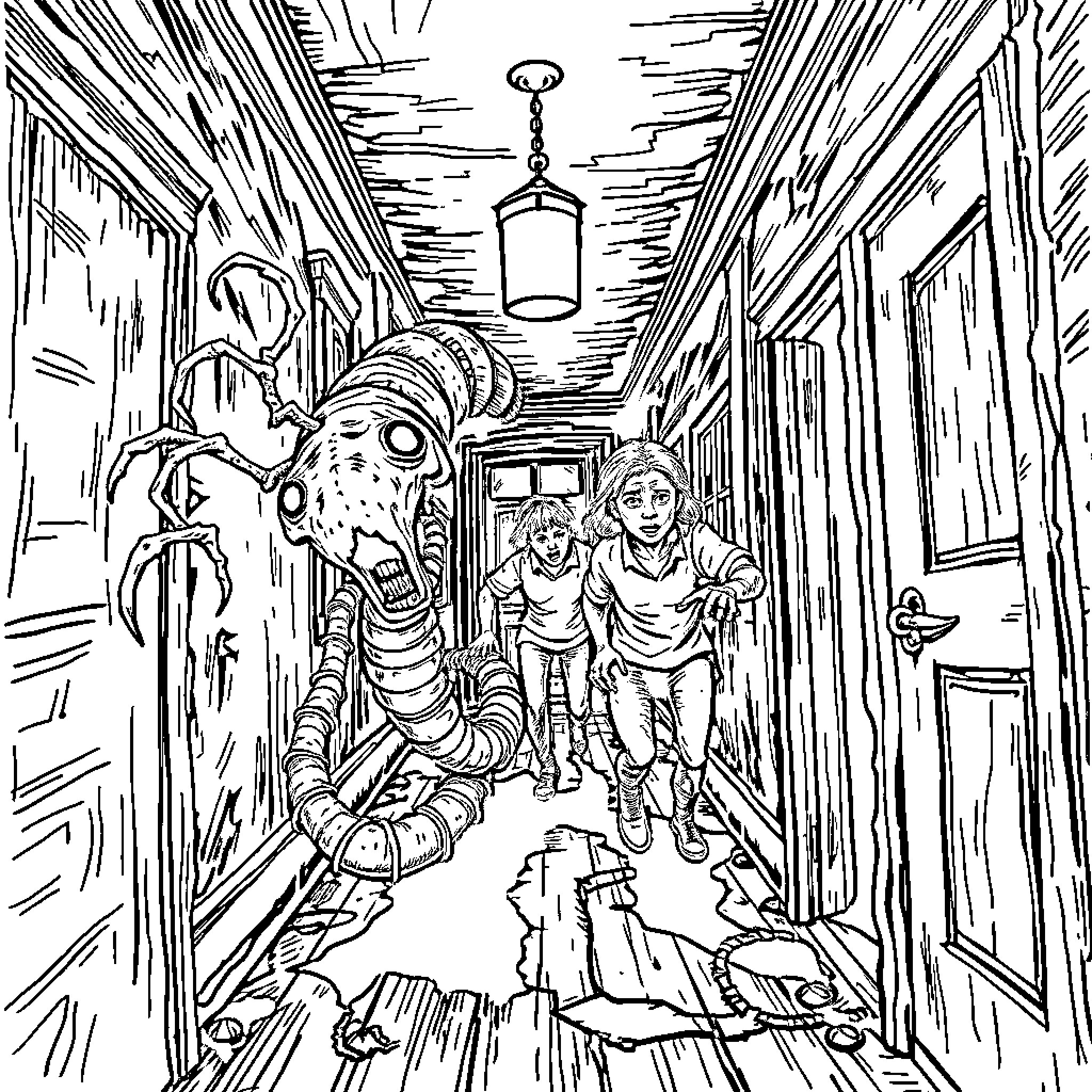 Centipede creature encounters frightened humans in dark alleyway Coloring Page (free black-and-white line drawing printable PDF for all, from beginners to advanced learners, including children, teens, adults, and seniors)
