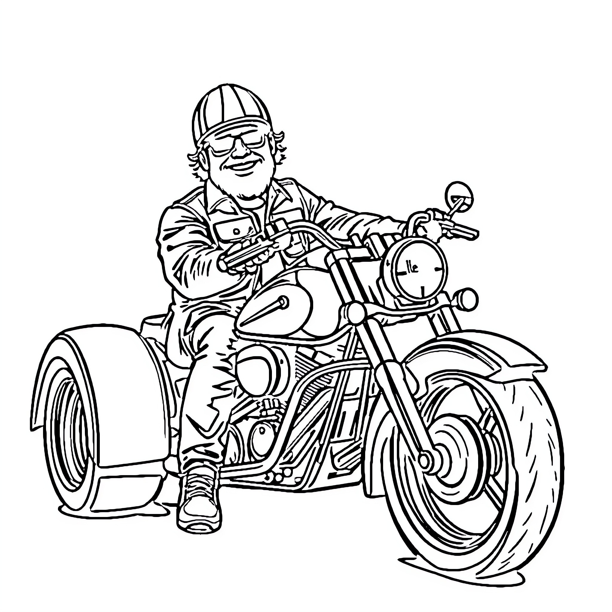 Biker riding motorcycle with sidecar on the road Coloring Page (free black-and-white line drawing printable PDF for all, from beginners to advanced learners, including children, teens, adults, and seniors)