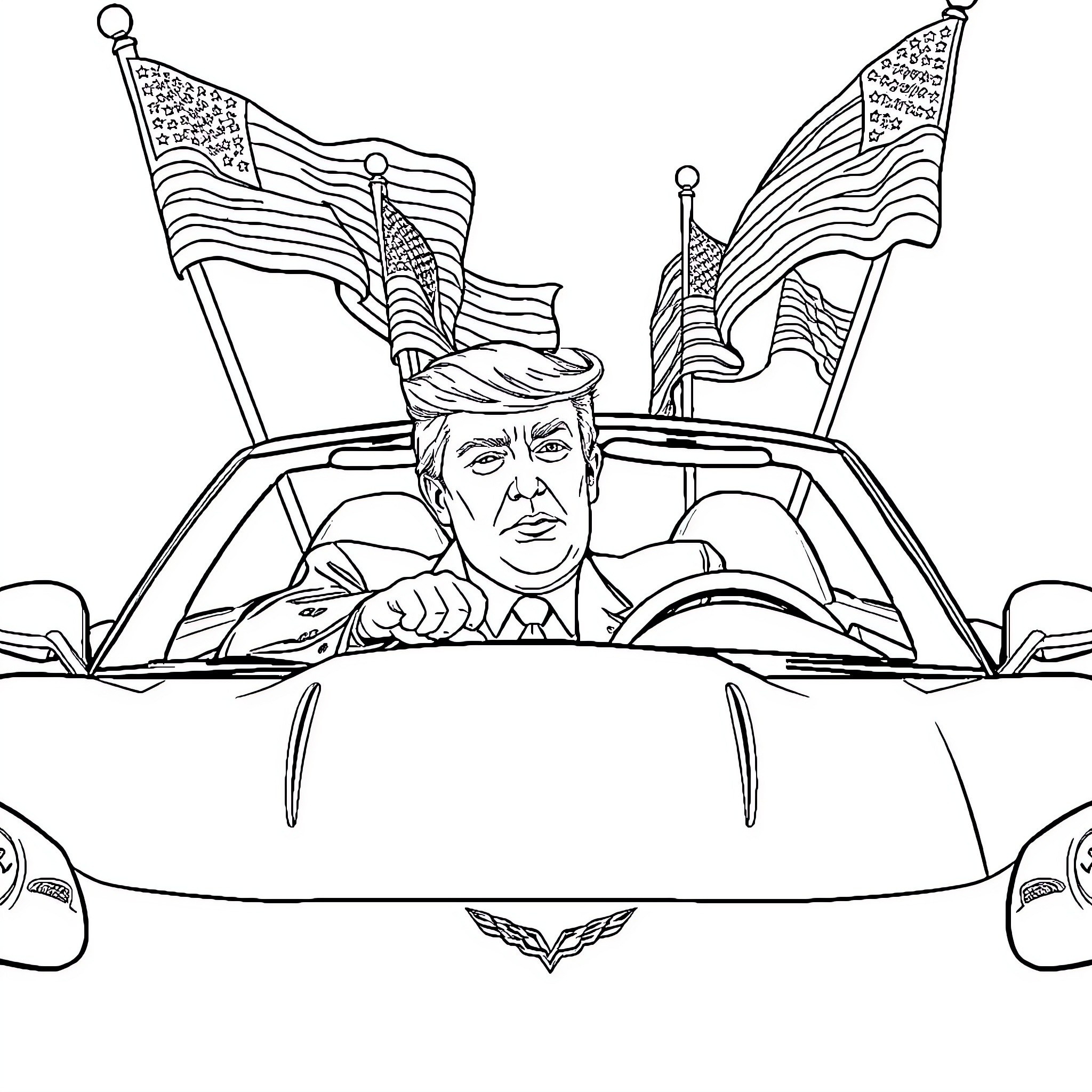 Trump Driving His Car with American Flags Coloring Page (free black-and-white line drawing printable PDF for all, from beginners to advanced learners, including children, teens, adults, and seniors)