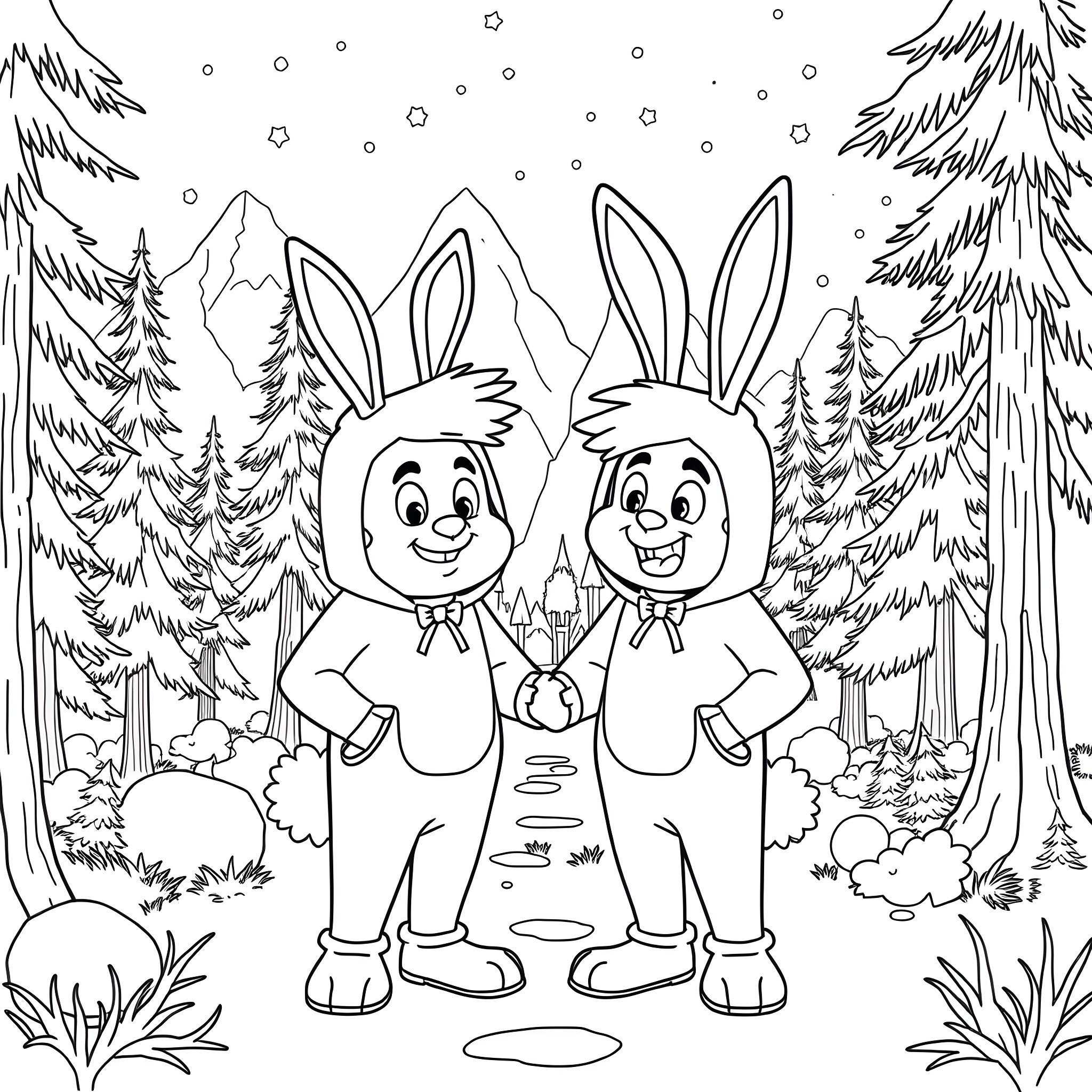 Stanford Pines as Cheerful Rabbit Characters in Snowy Forest Coloring Page (free black-and-white line drawing printable PDF for all, from beginners to advanced learners, including children, teens, adults, and seniors)