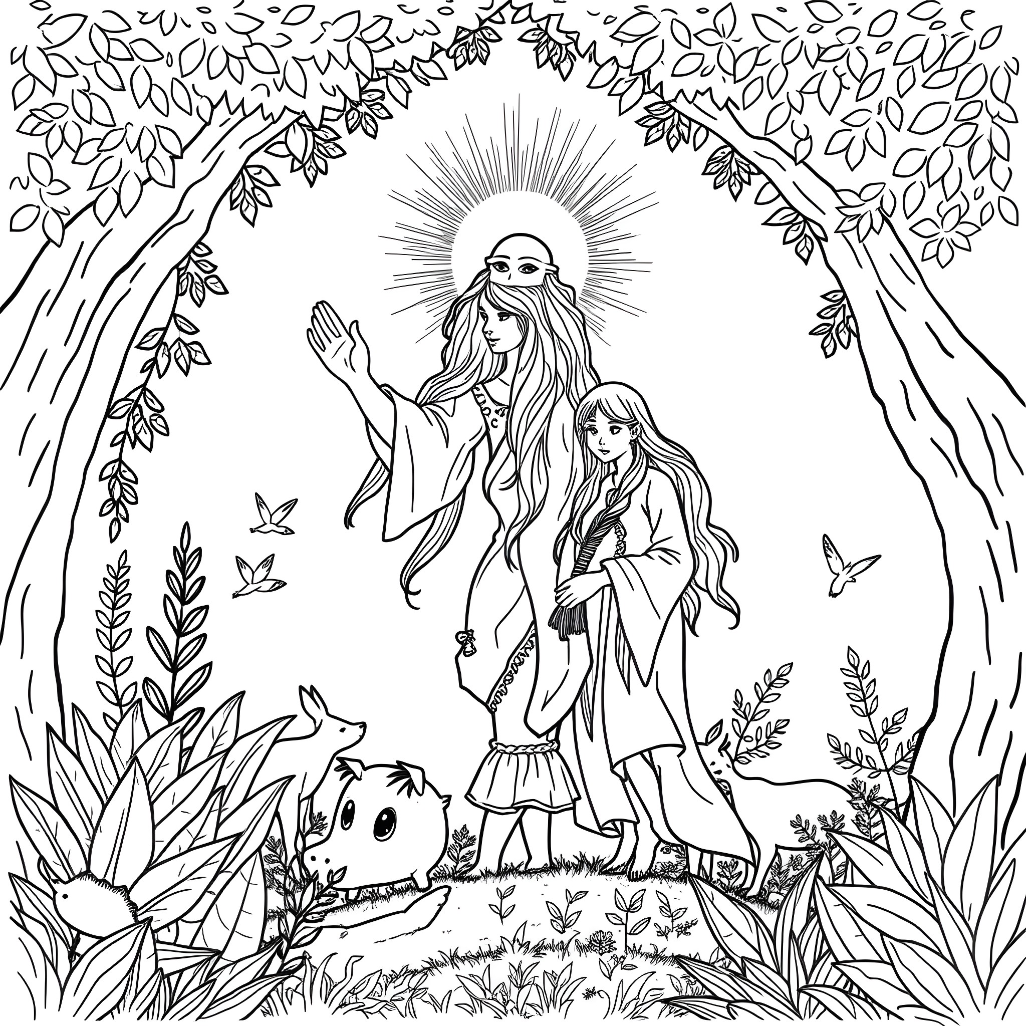 Great Spirit guiding two women in a serene nature setting Coloring Page (free black-and-white line drawing printable PDF for all, from beginners to advanced learners, including children, teens, adults, and seniors)
