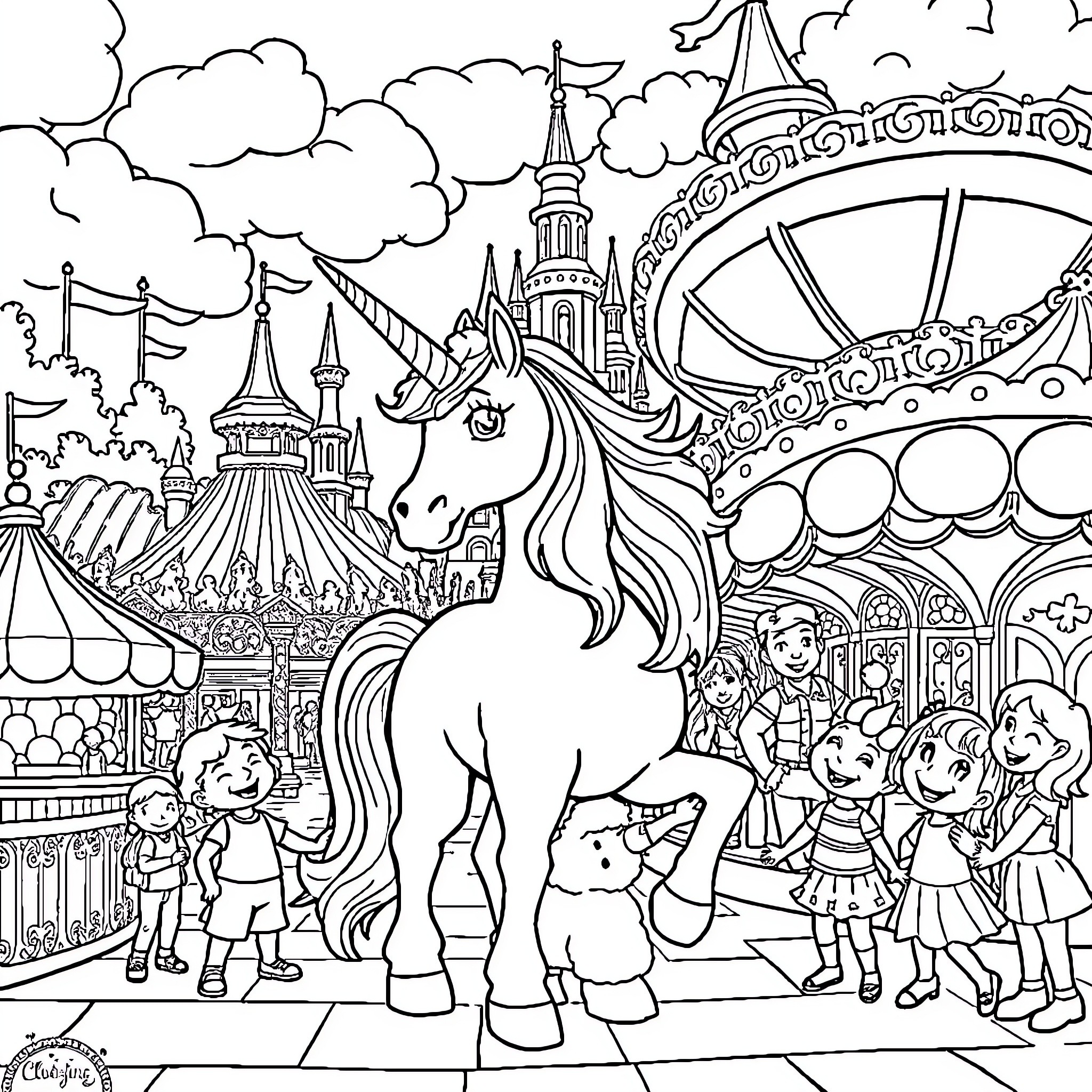 Unicorn at the Enchanted Carnival Playground Coloring Page (free black-and-white line drawing printable PDF for all, from beginners to advanced learners, including children, teens, adults, and seniors)
