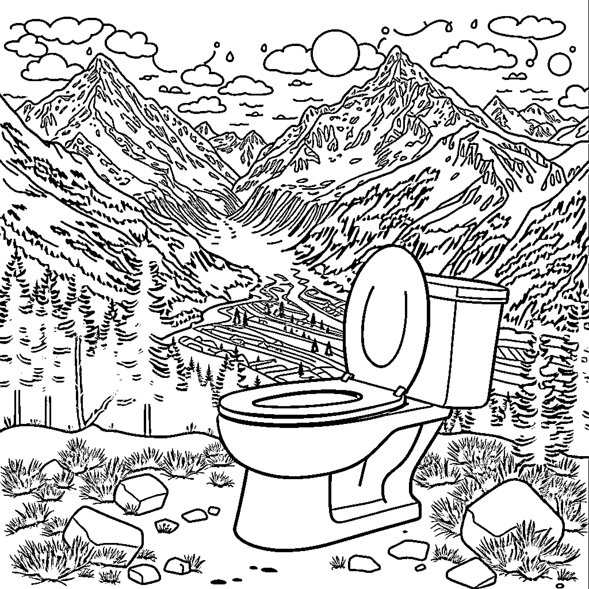 Toilet in the Majestic Mountain Landscape Coloring Page (free black-and-white line drawing printable PDF for all, from beginners to advanced learners, including children, teens, adults, and seniors)