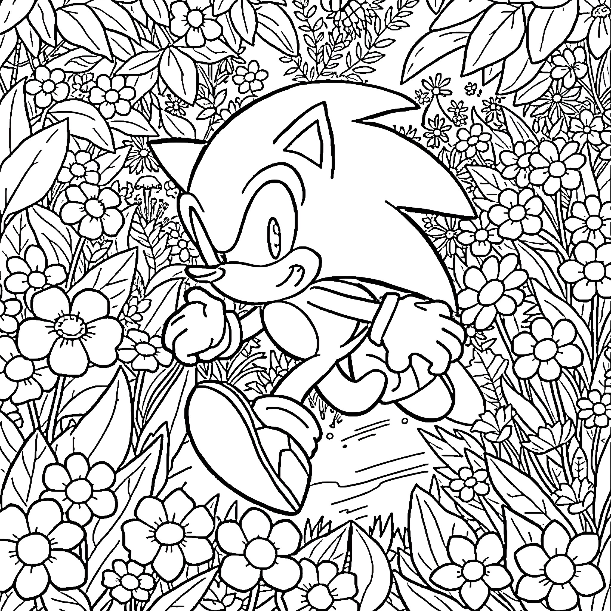 Sonic exploring a floral garden Coloring Page (free black-and-white line drawing printable PDF for all, from beginners to advanced learners, including children, teens, adults, and seniors)