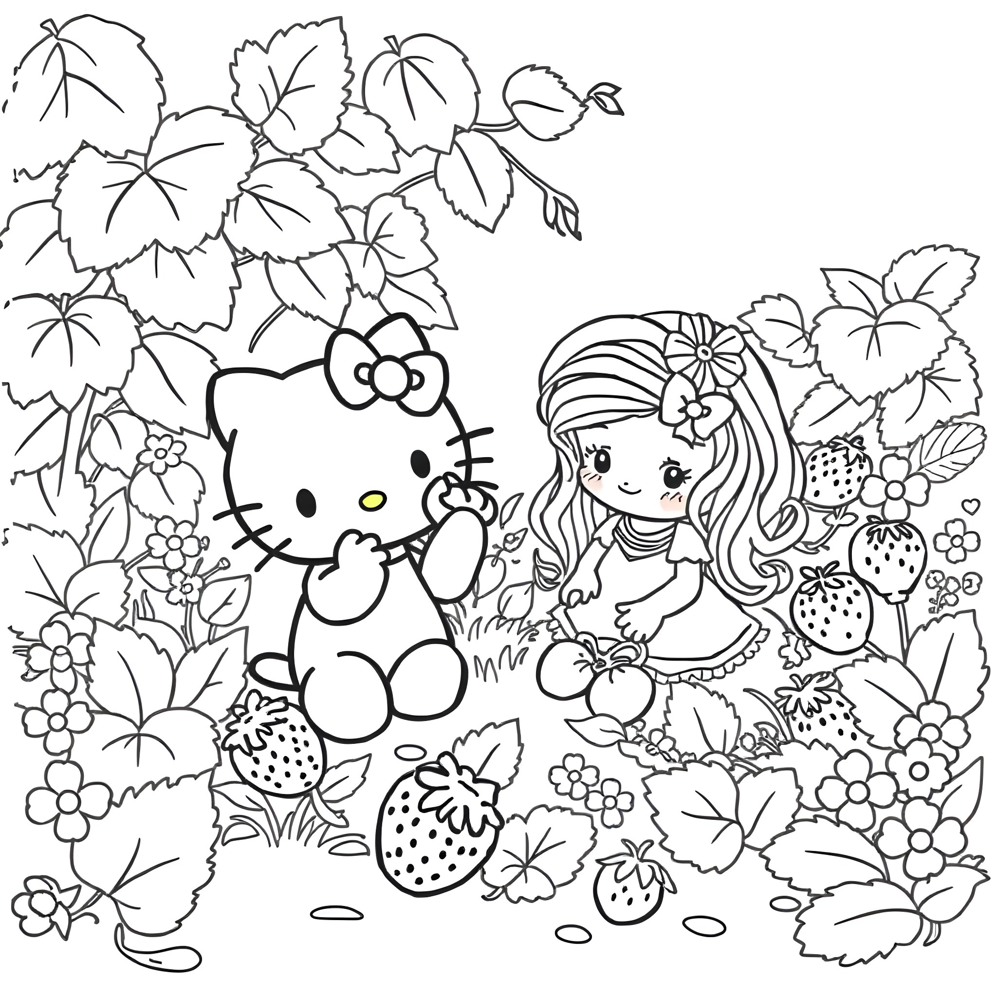 Hello Kitty and Girl Exploring Floral Garden Coloring Page (free black-and-white line drawing printable PDF for all, from beginners to advanced learners, including children, teens, adults, and seniors)