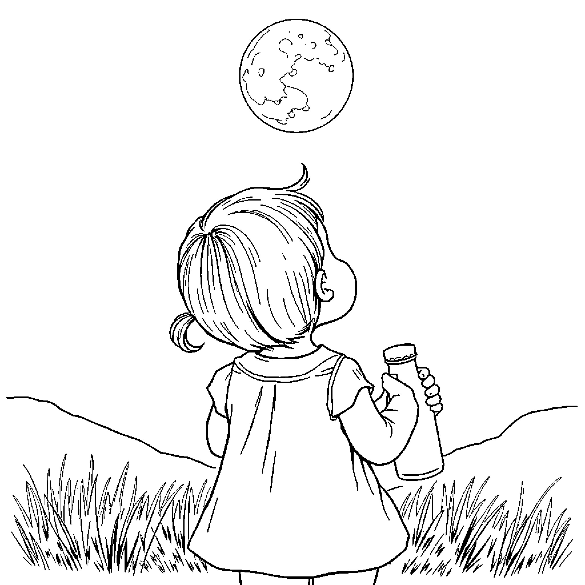 Baby Girl Gazing at the Moon with Bubbles Coloring Page (free black-and-white line drawing printable PDF for all, from beginners to advanced learners, including children, teens, adults, and seniors)