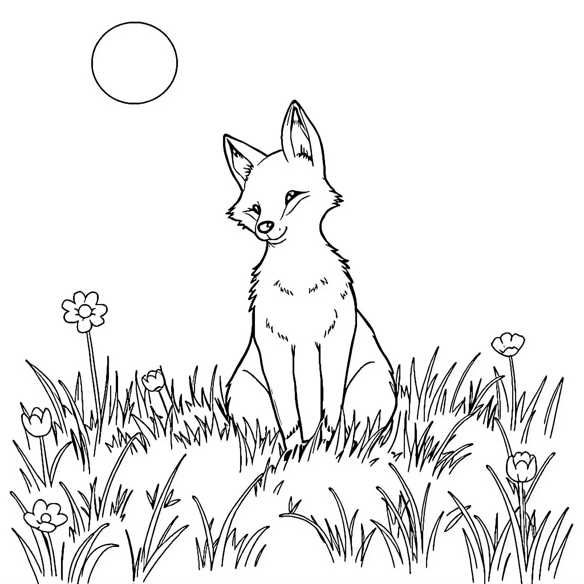 Fox sitting peacefully in a meadow Coloring Page (free black-and-white line drawing printable PDF for all, from beginners to advanced learners, including children, teens, adults, and seniors)