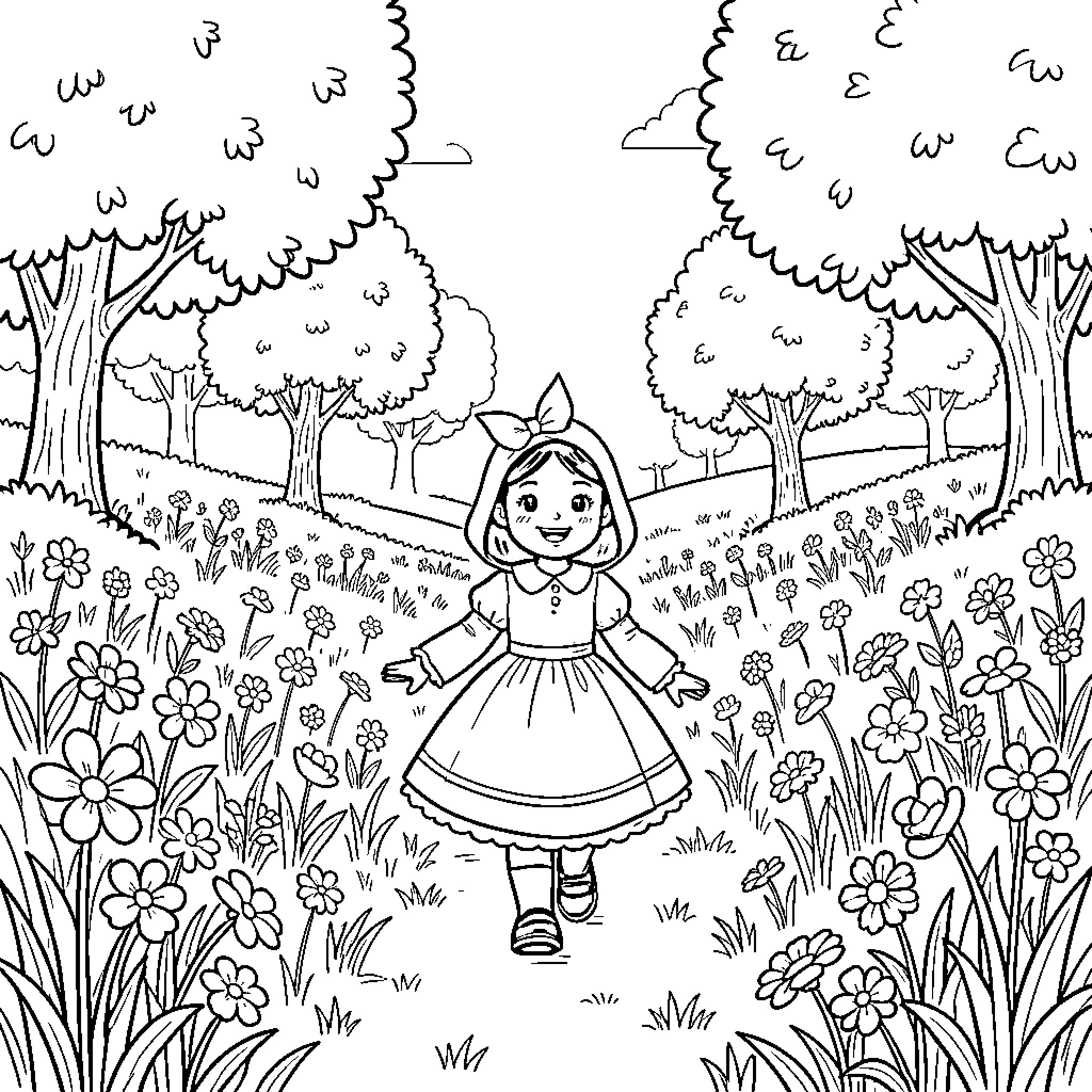 Caperucita Roja exploring the enchanted forest Coloring Page (free black-and-white line drawing printable PDF for all, from beginners to advanced learners, including children, teens, adults, and seniors)