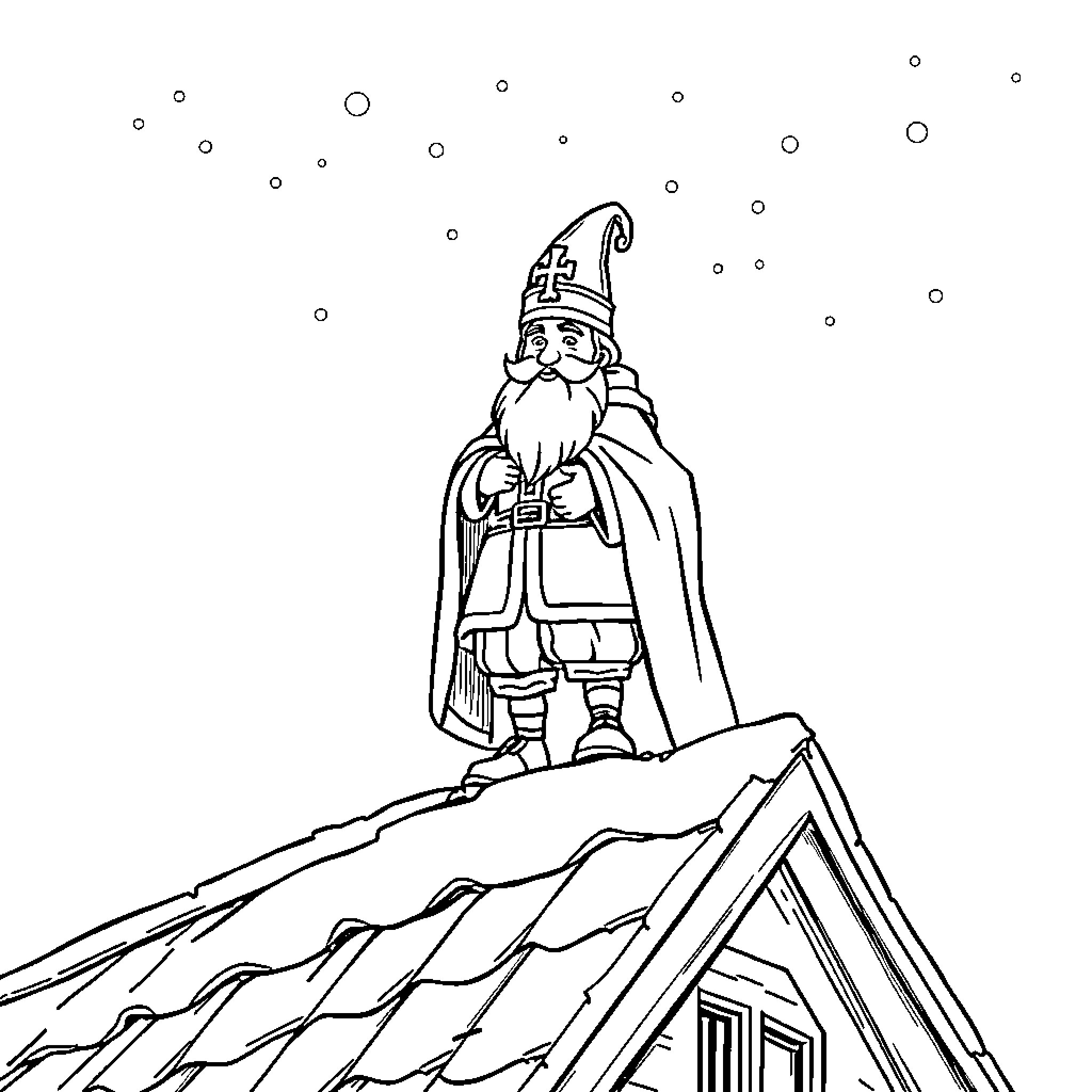 Sinterklaas standing on a snowy rooftop Coloring Page (free black-and-white line drawing printable PDF for all, from beginners to advanced learners, including children, teens, adults, and seniors)