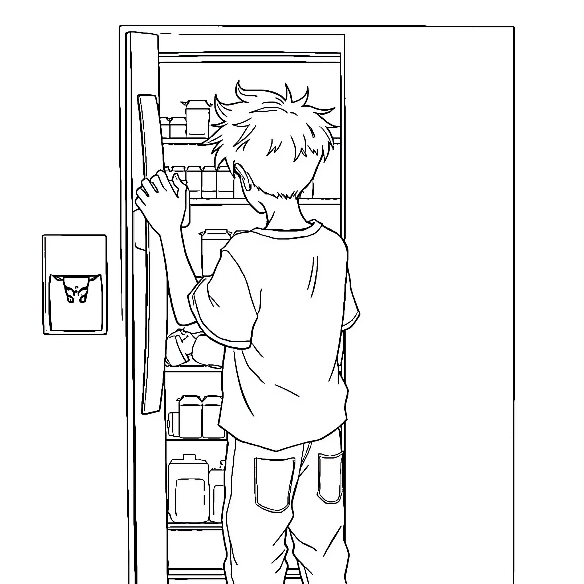 Anime Boy looking inside open refrigerator Coloring Page (free black-and-white line drawing printable PDF for all, from beginners to advanced learners, including children, teens, adults, and seniors)