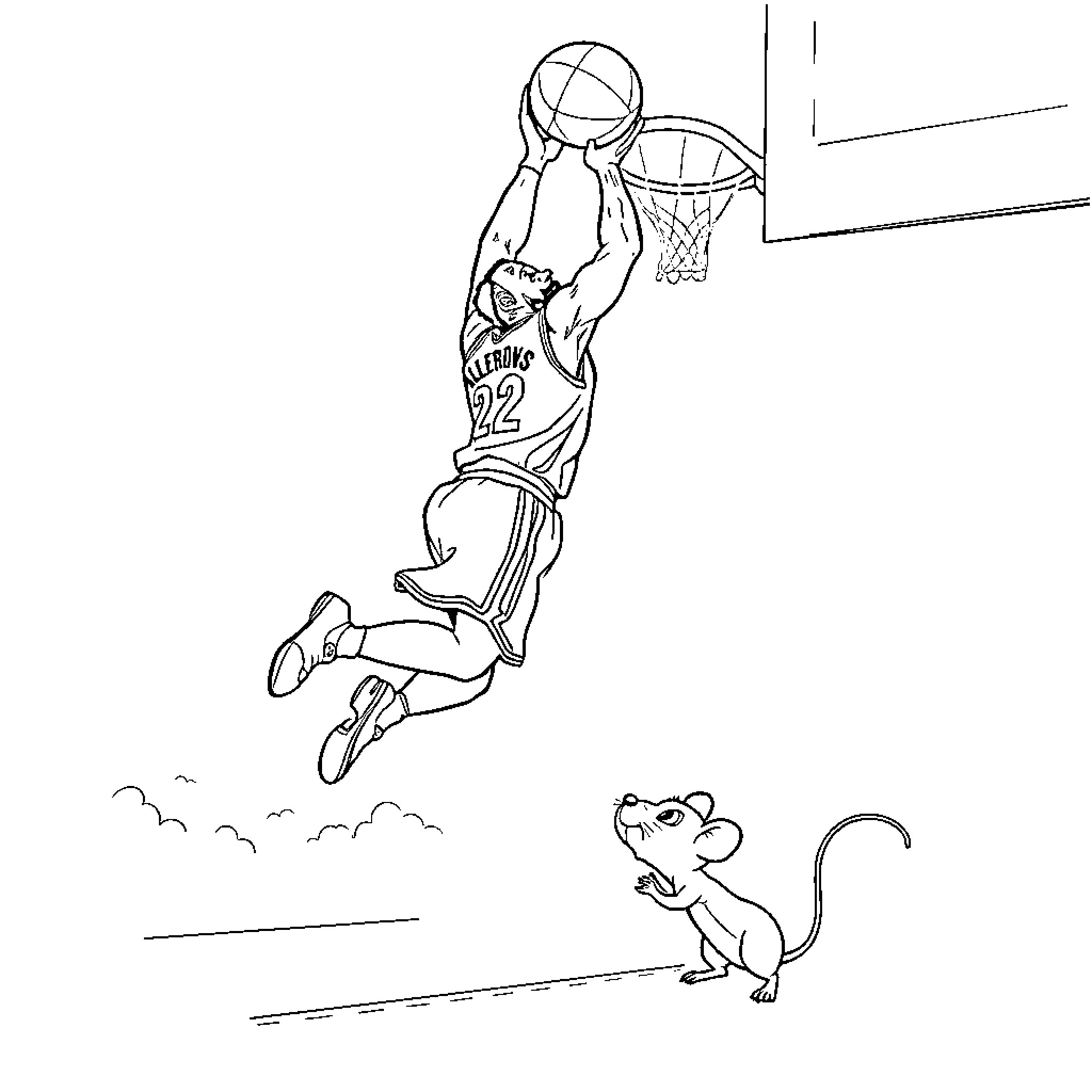 LeBron James dunking basketball with mouse watching Coloring Page (free black-and-white line drawing printable PDF for all, from beginners to advanced learners, including children, teens, adults, and seniors)