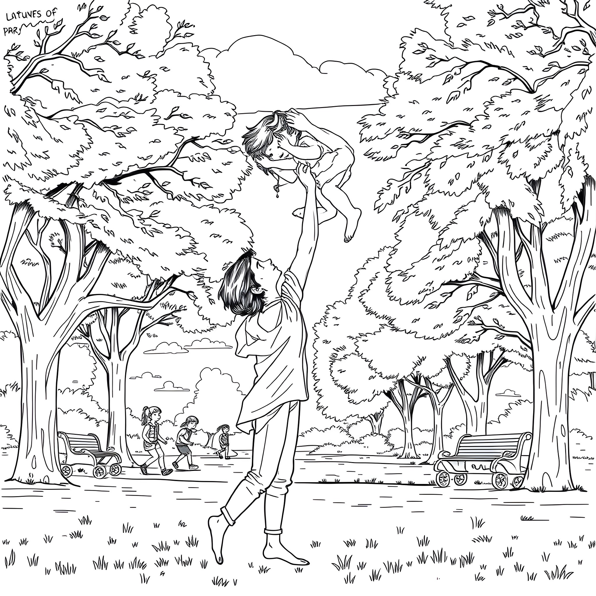 Percy Jackson and friends exploring the enchanted forest Coloring Page (free black-and-white line drawing printable PDF for all, from beginners to advanced learners, including children, teens, adults, and seniors)