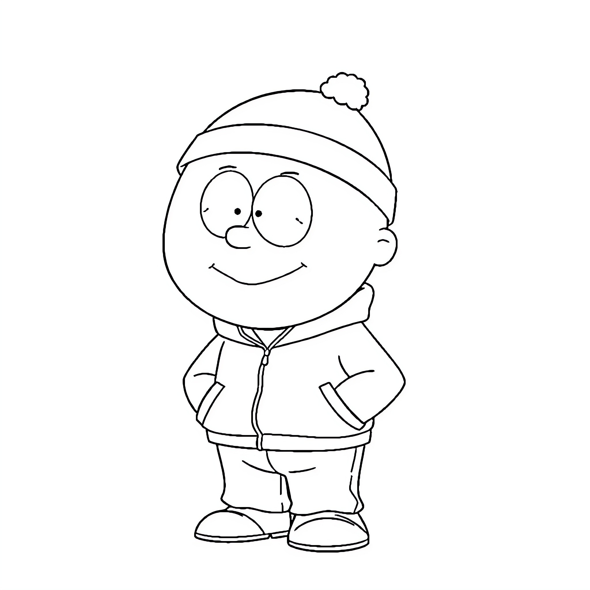 Eric Cartman in winter outfit and hat Coloring Page (free black-and-white line drawing printable PDF for all, from beginners to advanced learners, including children, teens, adults, and seniors)
