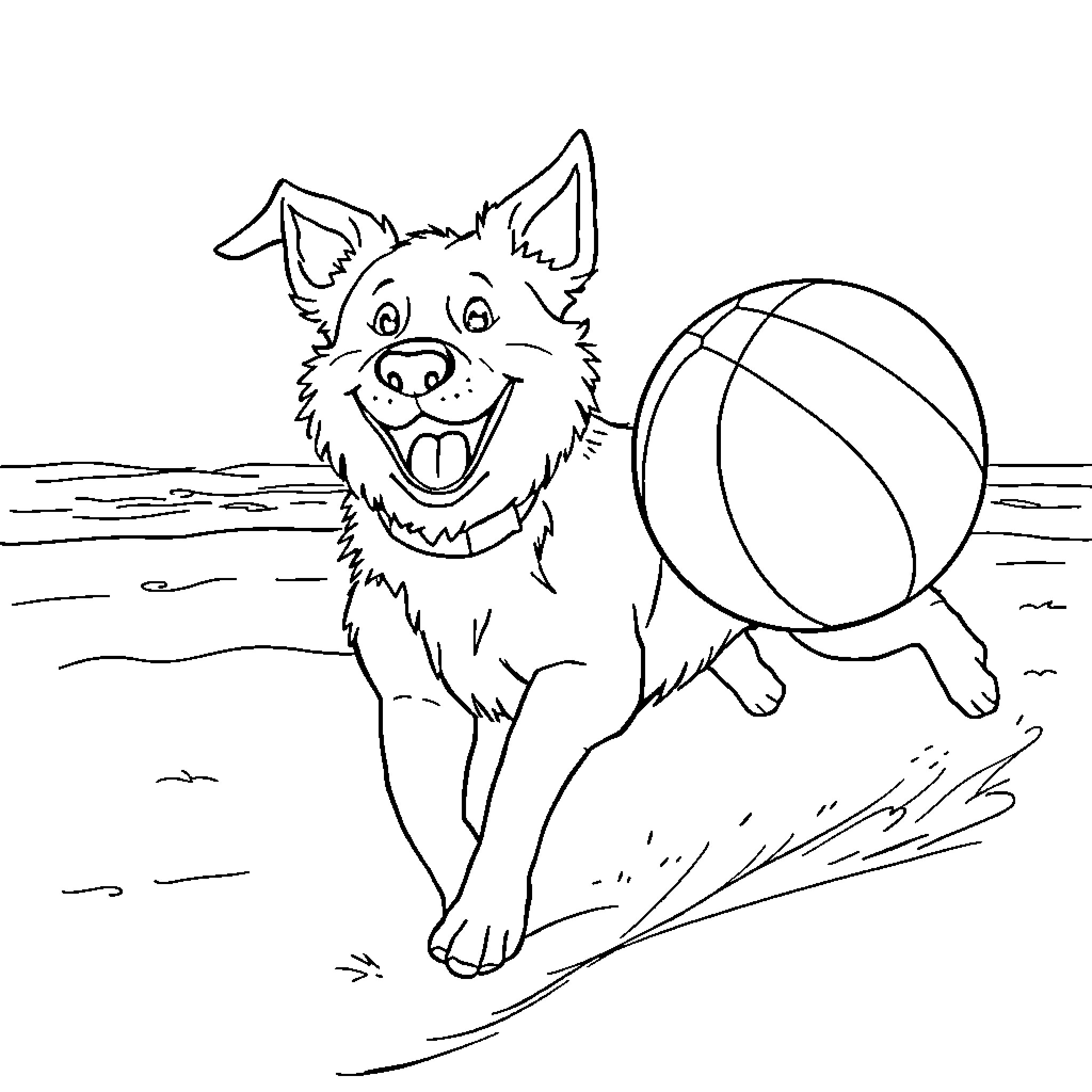 Dog playing joyfully with beach ball Coloring Page (free black-and-white line drawing printable PDF for all, from beginners to advanced learners, including children, teens, adults, and seniors)