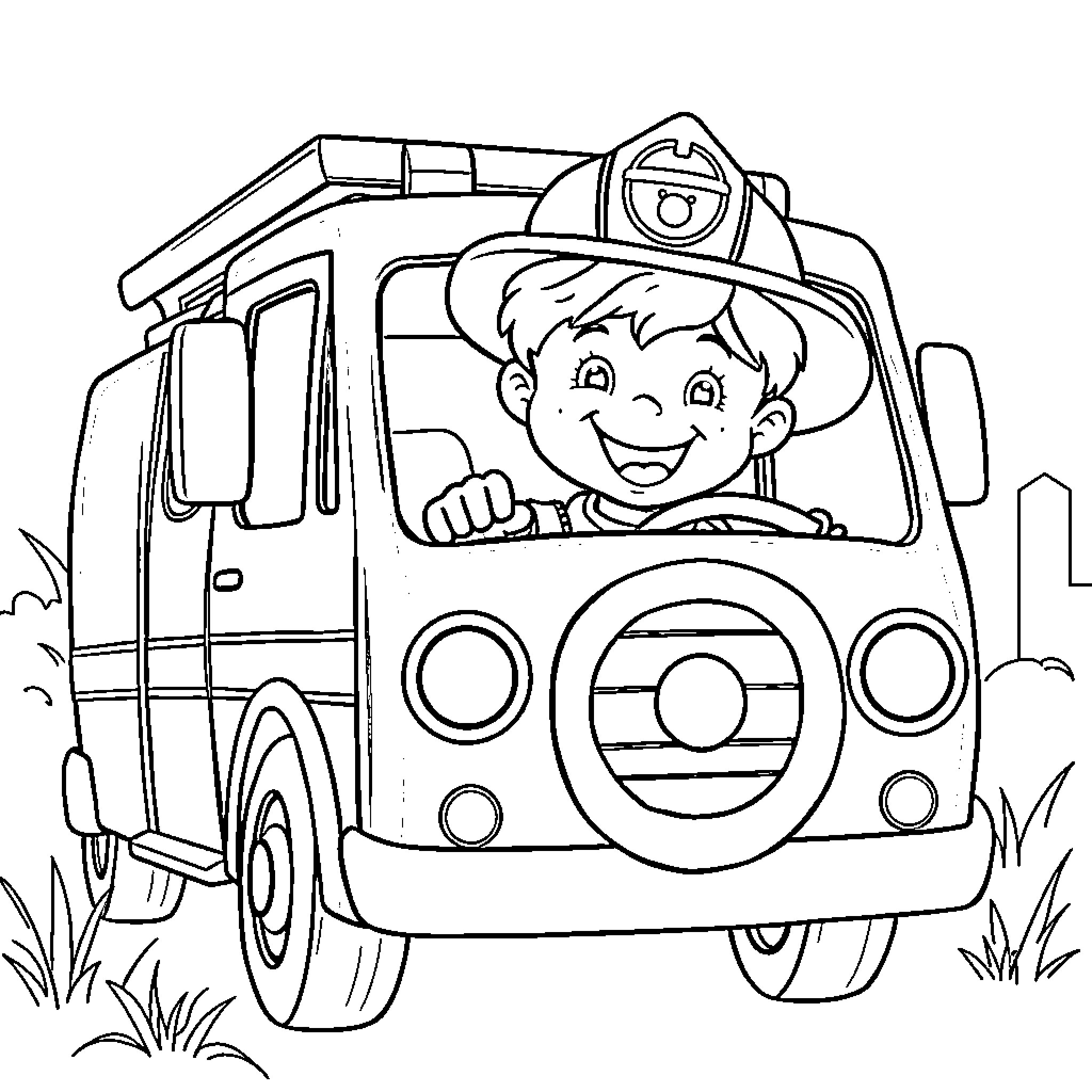 Fire Engine with Smiling Firefighter Boy Coloring Page (free black-and-white line drawing printable PDF for all, from beginners to advanced learners, including children, teens, adults, and seniors)