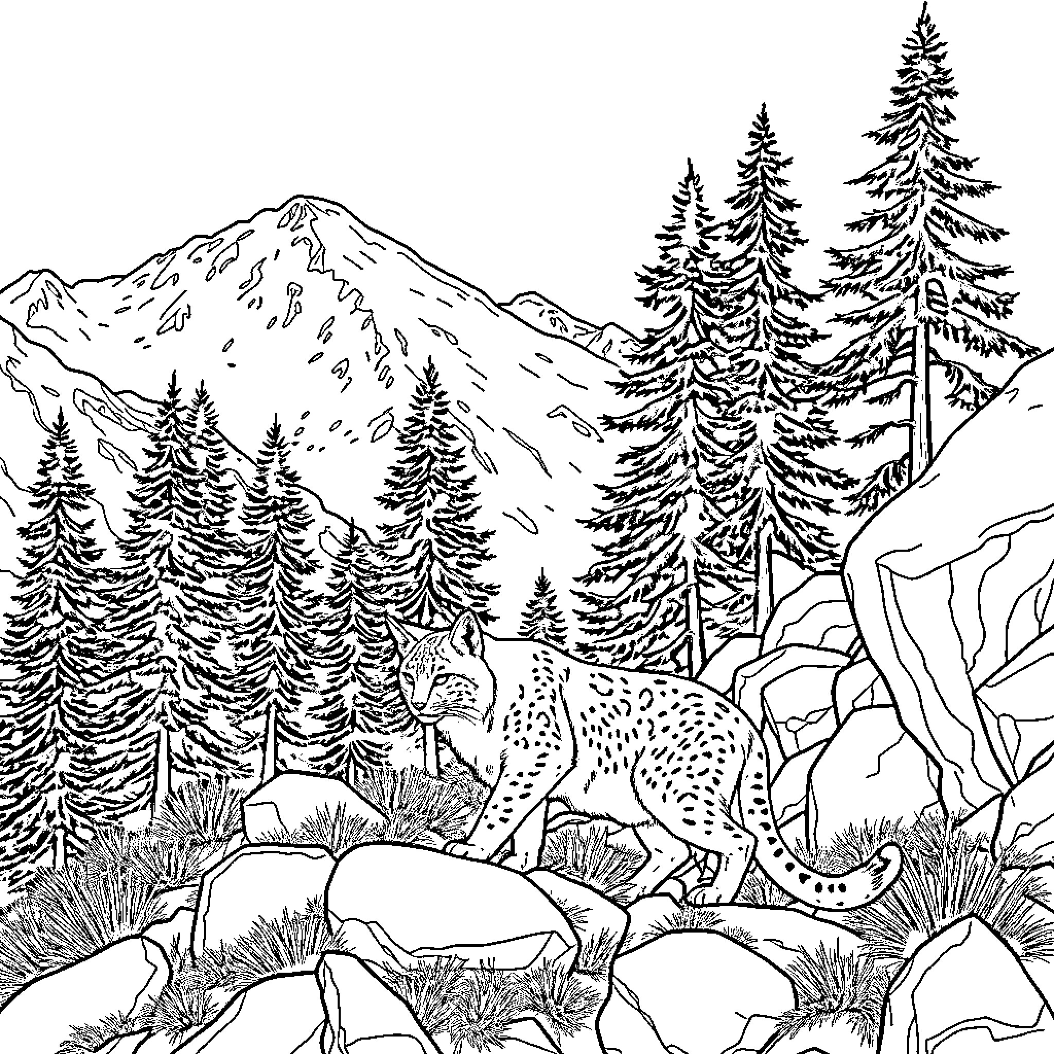 Lynx stalking its prey in the snowy wilderness Coloring Page (free black-and-white line drawing printable PDF for all, from beginners to advanced learners, including children, teens, adults, and seniors)