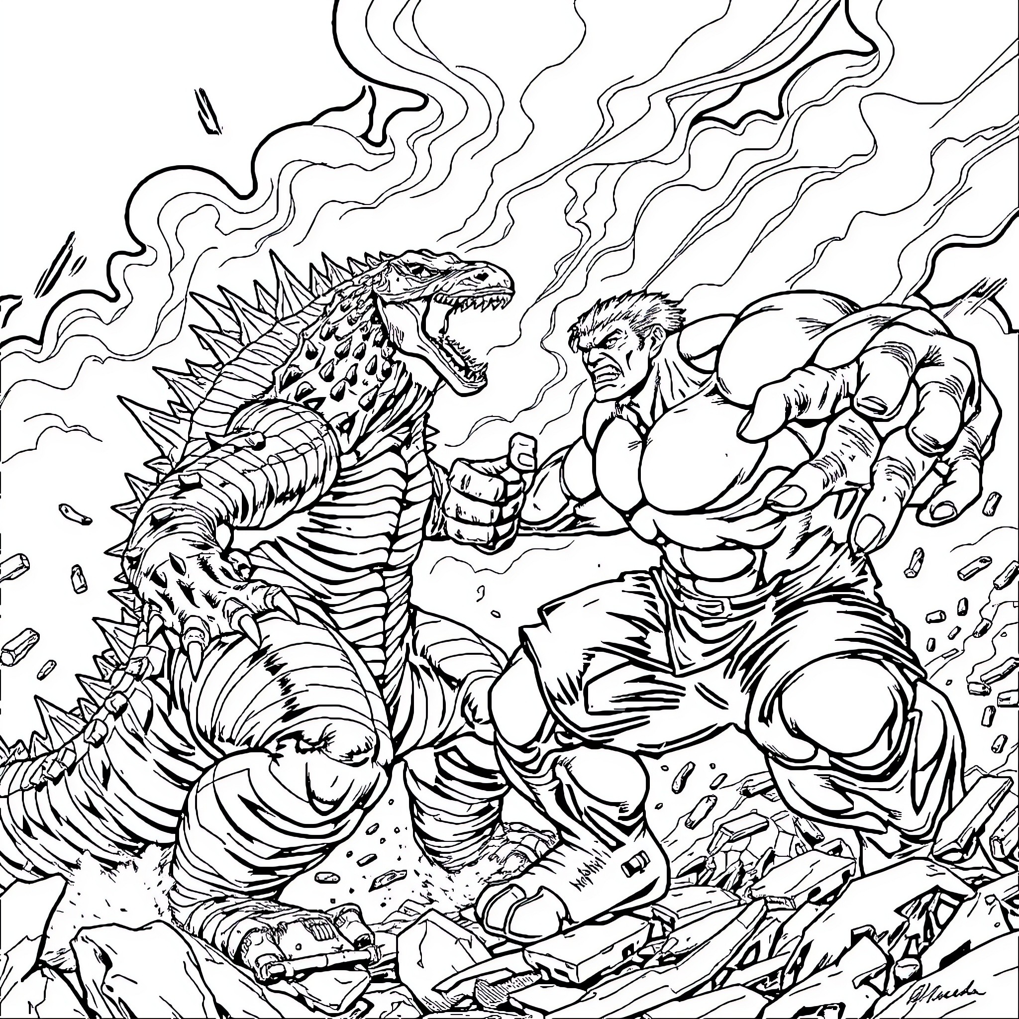 Godzilla battling a powerful warrior in an intense showdown Coloring Page (free black-and-white line drawing printable PDF for all, from beginners to advanced learners, including children, teens, adults, and seniors)