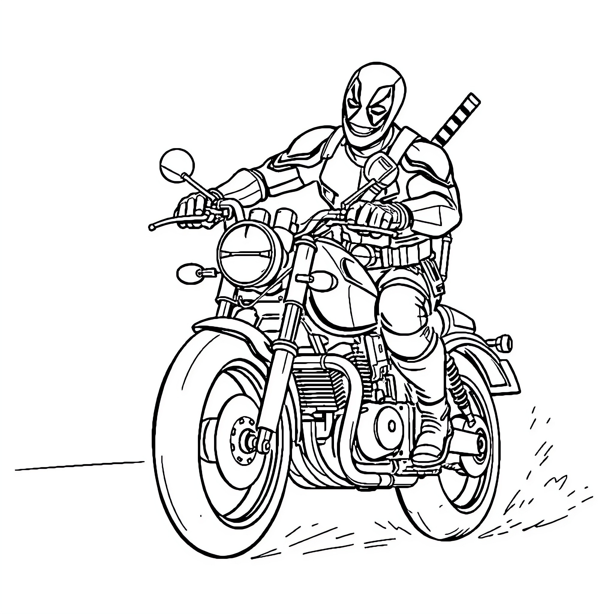 Deadpool Riding a Motorcycle with Action and Enthusiasm Coloring Page (free black-and-white line drawing printable PDF for all, from beginners to advanced learners, including children, teens, adults, and seniors)