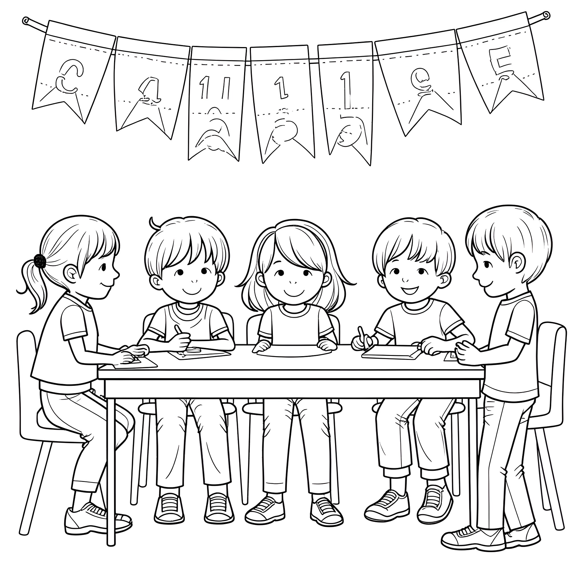 Child group working together at a table Coloring Page (free black-and-white line drawing printable PDF for all, from beginners to advanced learners, including children, teens, adults, and seniors)