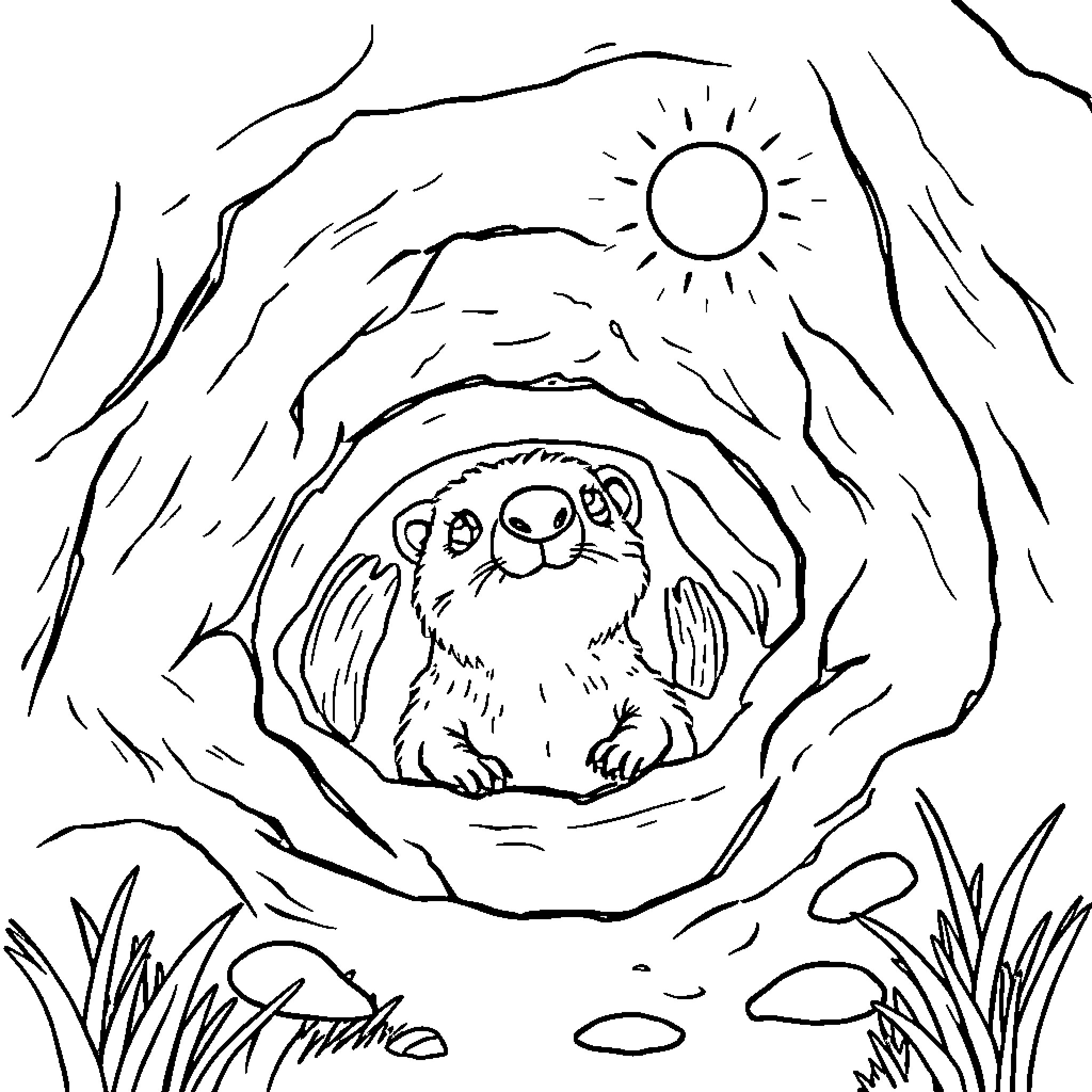Mole peeking out from underground burrow Coloring Page (free black-and-white line drawing printable PDF for all, from beginners to advanced learners, including children, teens, adults, and seniors)