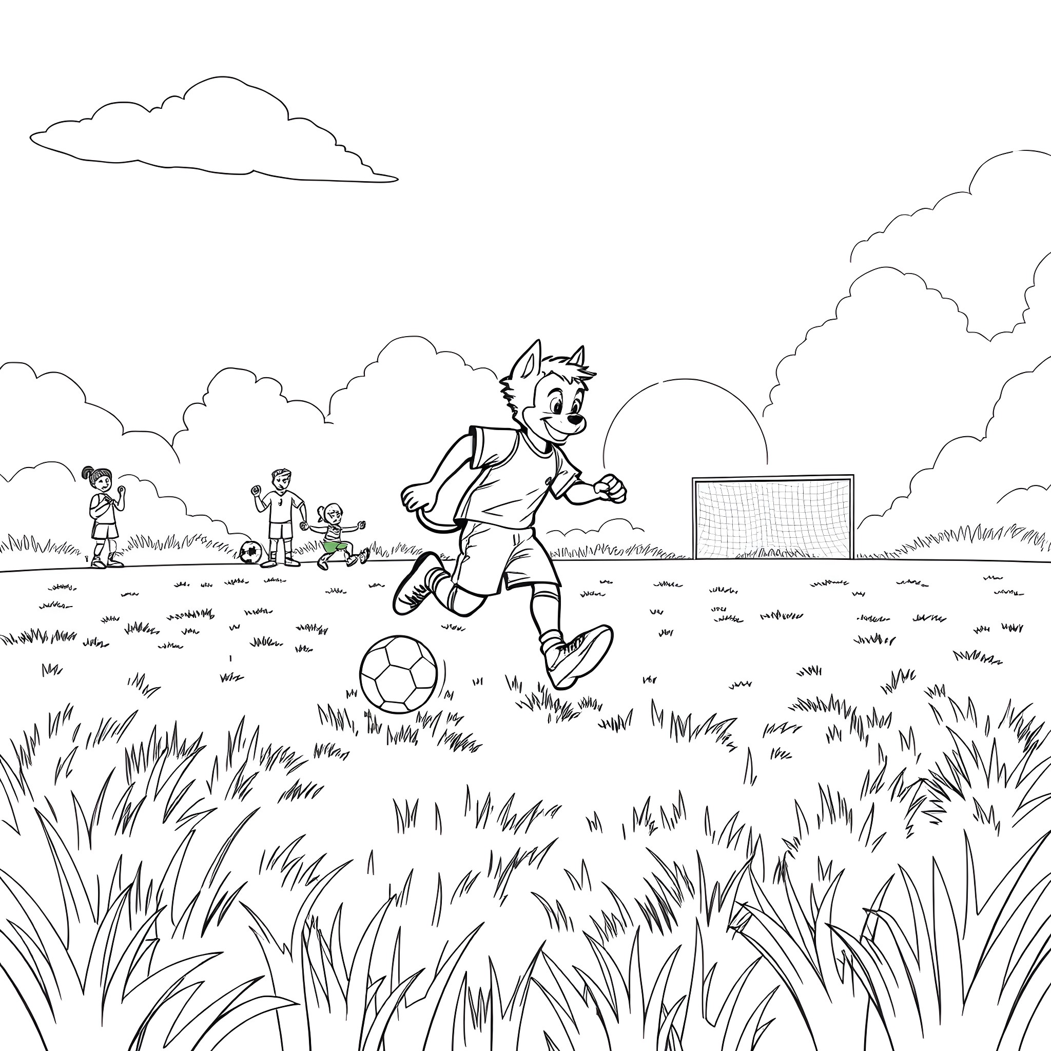 Marshall playing soccer on the field Coloring Page (free black-and-white line drawing printable PDF for all, from beginners to advanced learners, including children, teens, adults, and seniors)