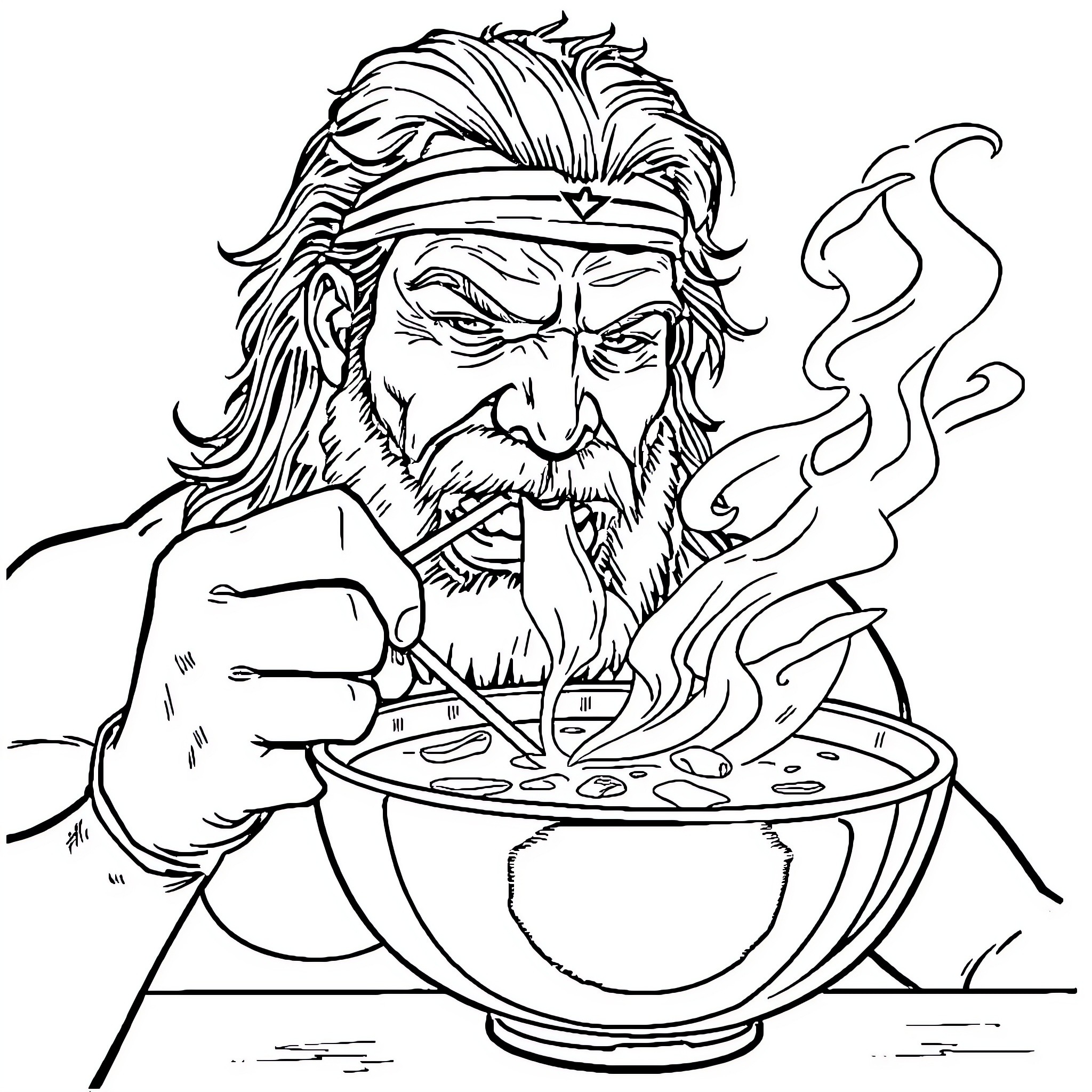 Macho Man Enjoys Hearty Meal with Gusto Coloring Page (free black-and-white line drawing printable PDF for all, from beginners to advanced learners, including children, teens, adults, and seniors)