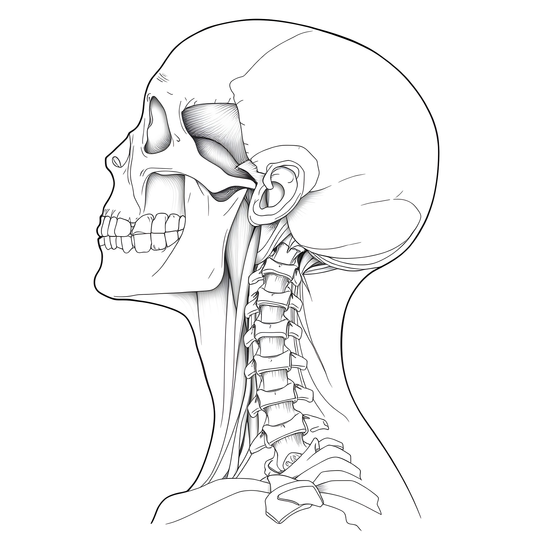 Suboccipital Triangle: Detailed Anatomical Illustration Coloring Page (free black-and-white line drawing printable PDF for all, from beginners to advanced learners, including children, teens, adults, and seniors)