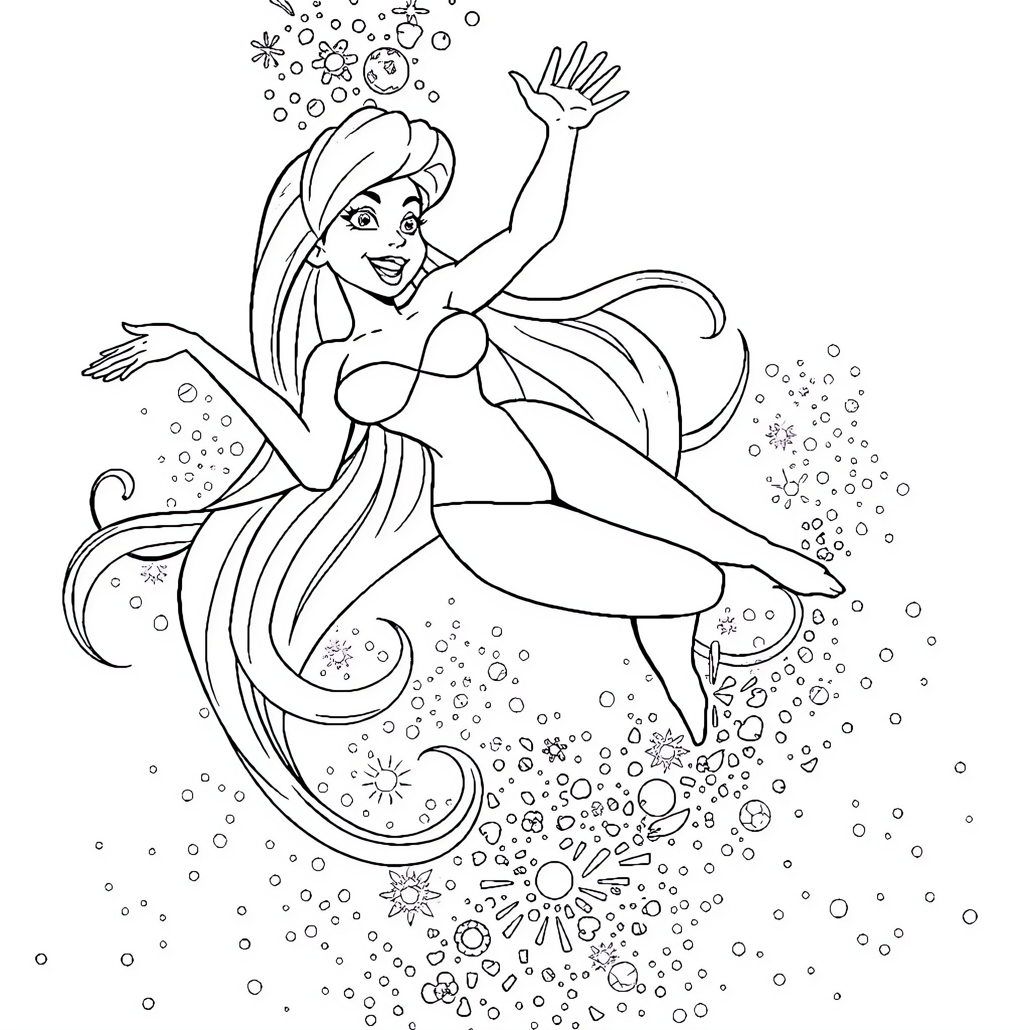 Jessica Rabbit dancing gracefully in the bubbles Coloring Page (free black-and-white line drawing printable PDF for all, from beginners to advanced learners, including children, teens, adults, and seniors)